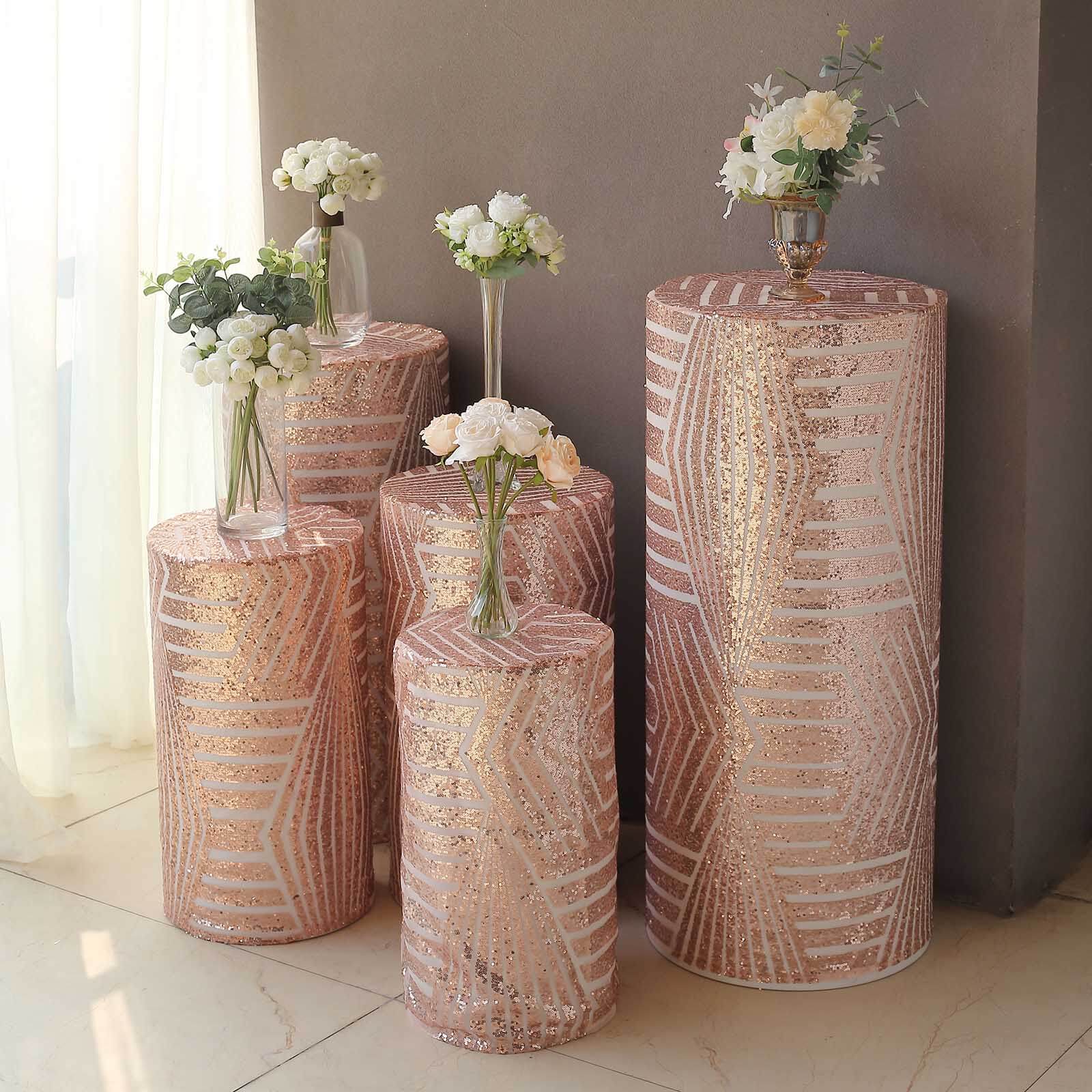 Set of 5 Rose Sequin Mesh Cylinder Pillar Prop Covers with Geometric Pattern Embroidery, Sparkly Sheer Tulle Pedestal Stand Covers - Image 7