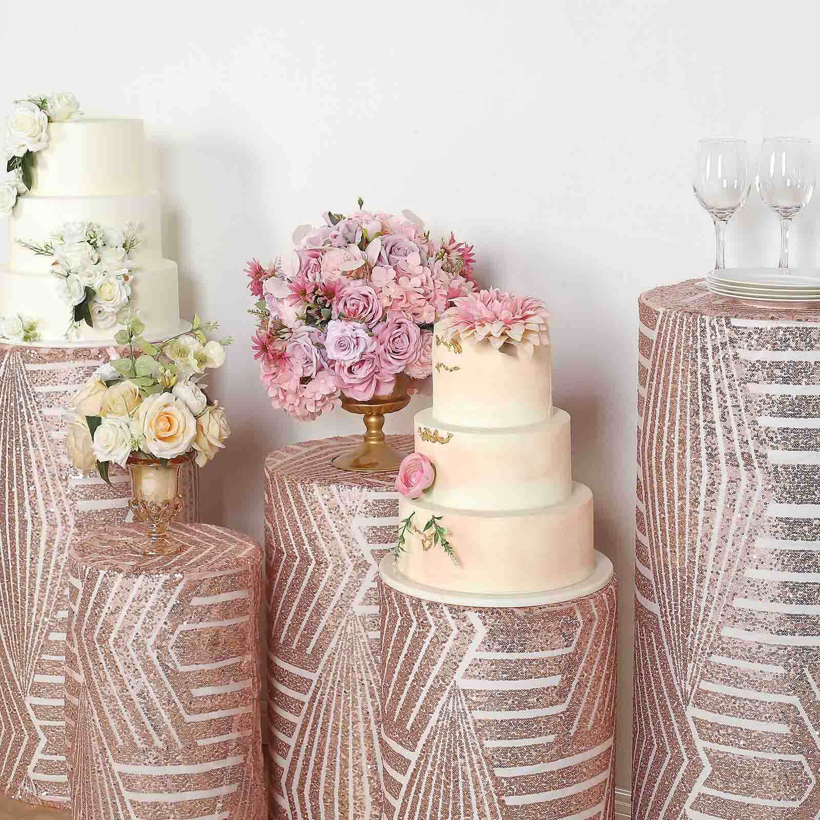 Set of 5 Rose Sequin Mesh Cylinder Pillar Prop Covers with Geometric Pattern Embroidery, Sparkly Sheer Tulle Pedestal Stand Covers - Image 9