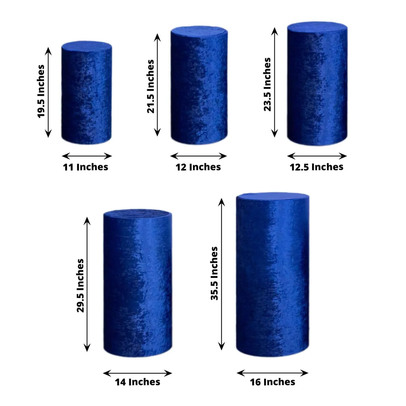 Set of 5 Royal Blue Crushed Velvet Cylinder Pillar Prop Covers, Premium Pedestal Stand Covers - Image 3