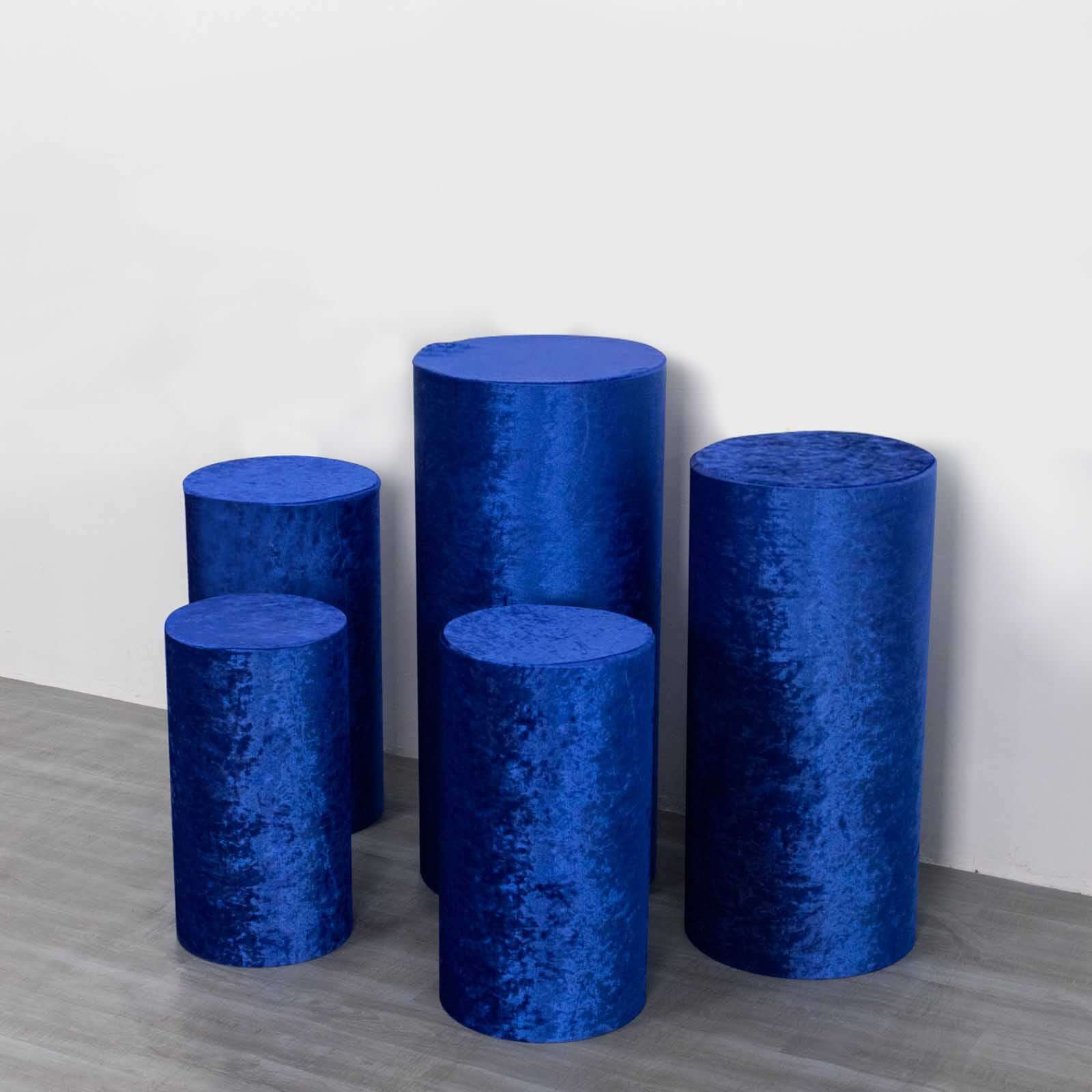 Set of 5 Royal Blue Crushed Velvet Cylinder Pillar Prop Covers, Premium Pedestal Stand Covers - Image 4