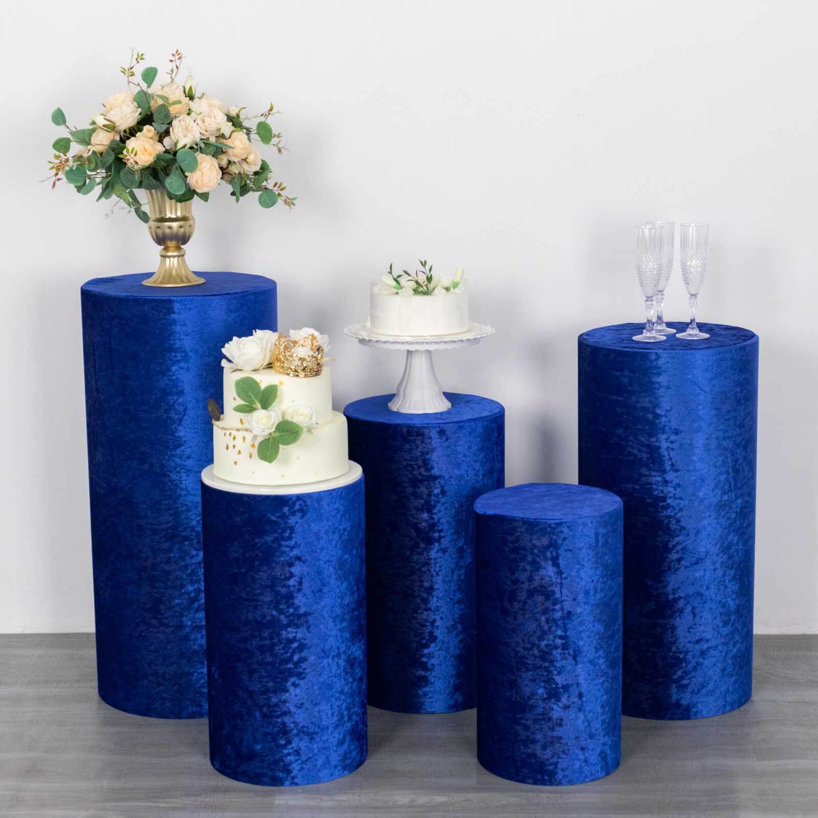 Set of 5 Royal Blue Crushed Velvet Cylinder Pillar Prop Covers, Premium Pedestal Stand Covers - Image 5