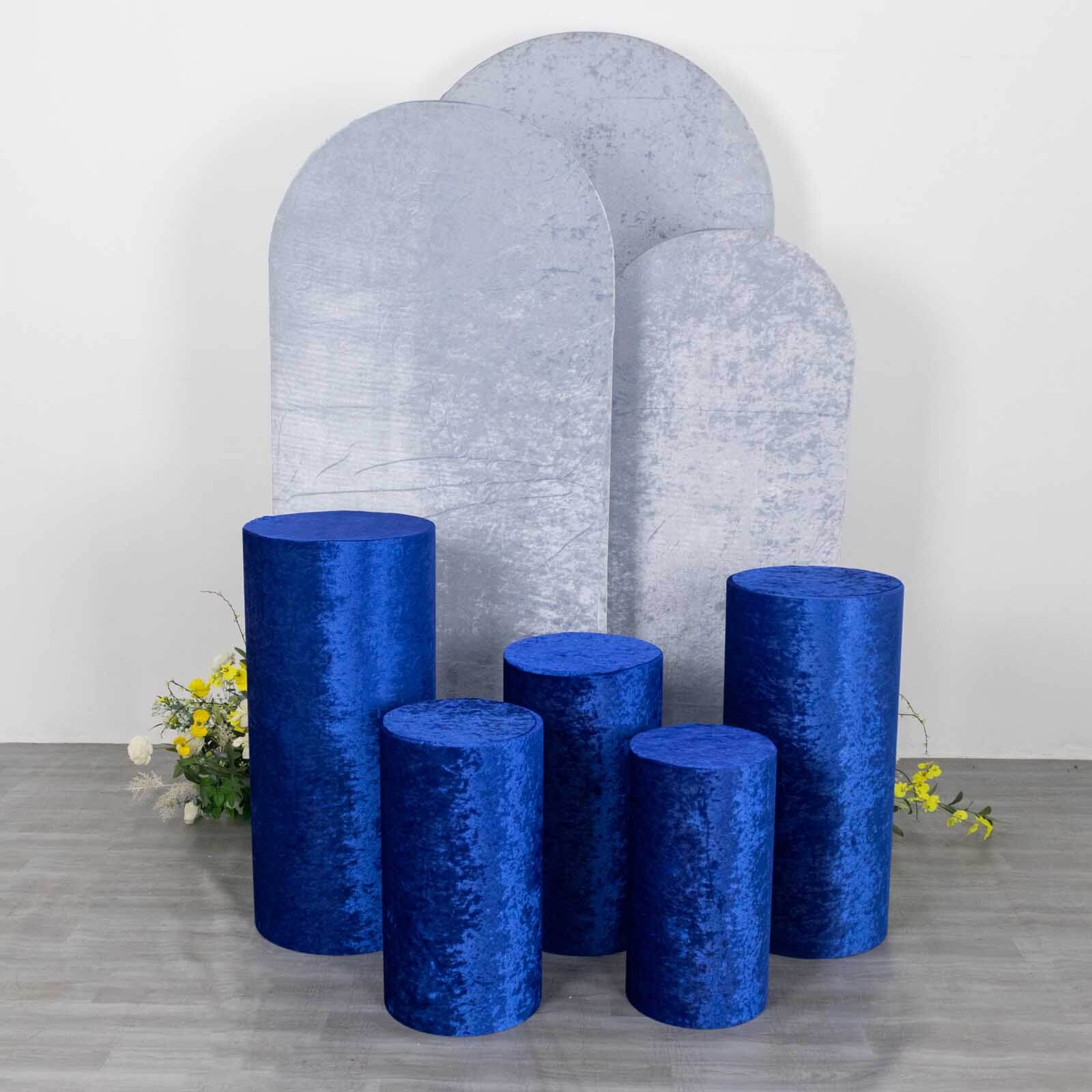 Set of 5 Royal Blue Crushed Velvet Cylinder Pillar Prop Covers, Premium Pedestal Stand Covers - Image 9