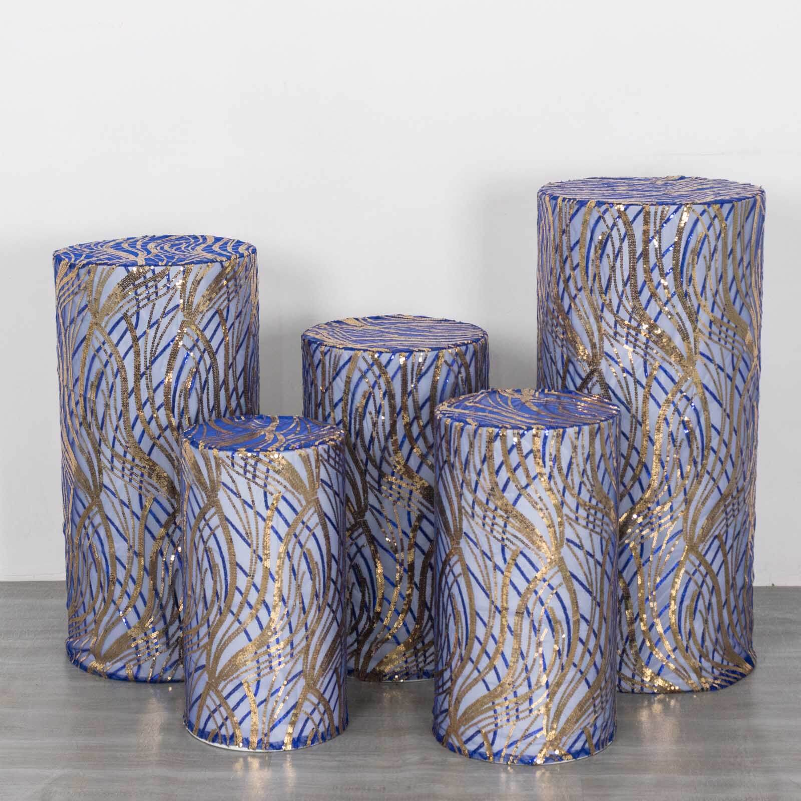Set of 5 Royal Blue Wave Mesh Cylinder Pillar Prop Covers with Embroidered Sequins, Premium Pedestal Stand Covers - 160 GSM - Image 10