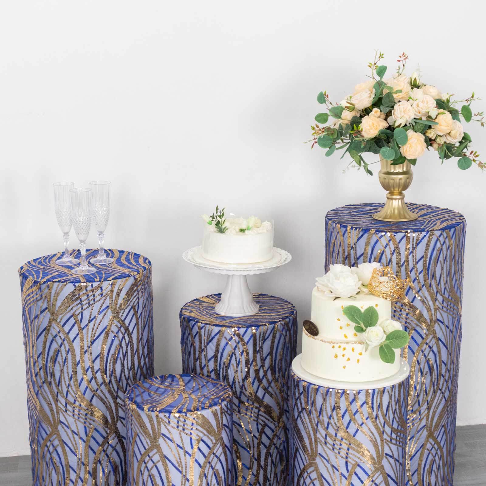 Set of 5 Royal Blue Wave Mesh Cylinder Pillar Prop Covers with Embroidered Sequins, Premium Pedestal Stand Covers - 160 GSM - Image 11