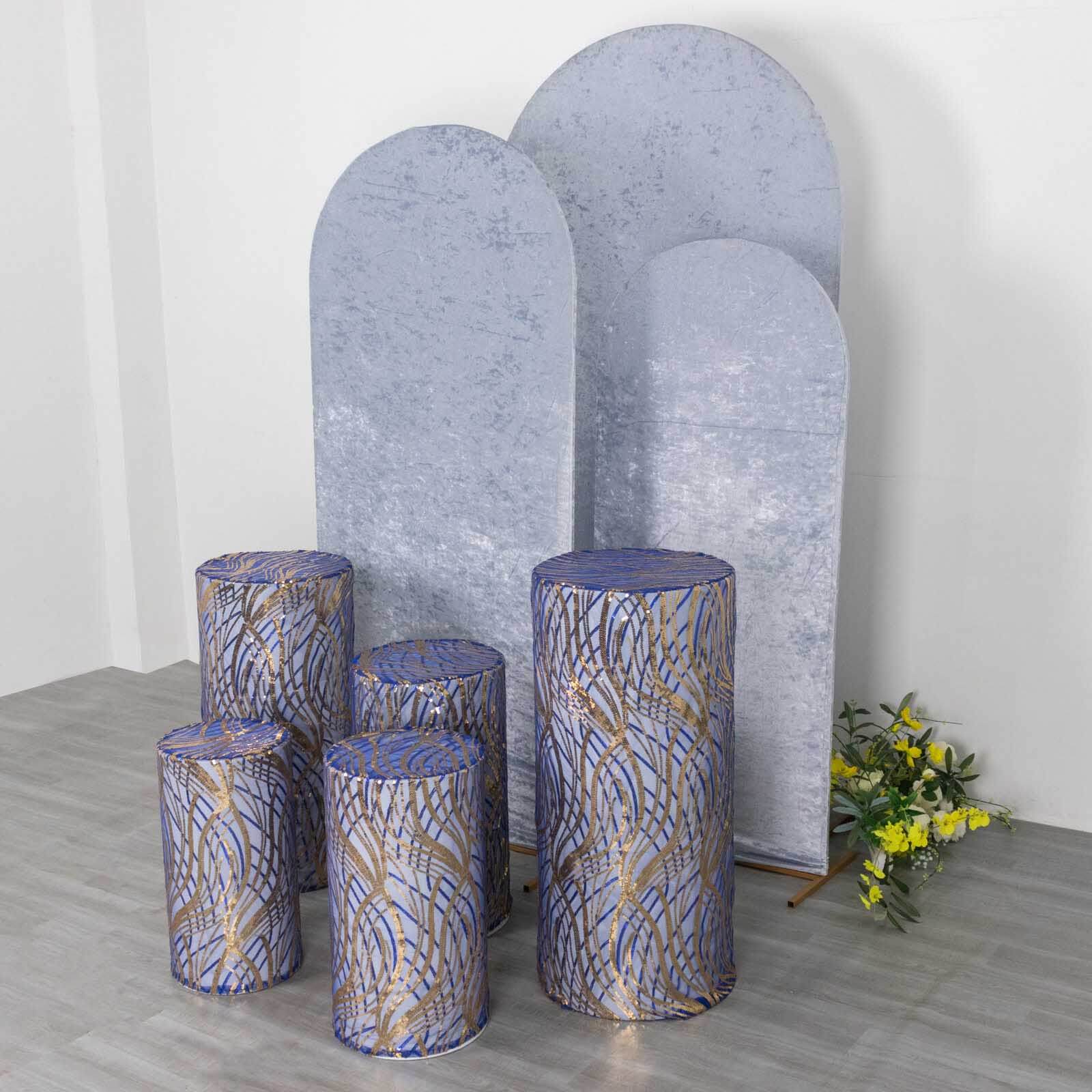 Set of 5 Royal Blue Wave Mesh Cylinder Pillar Prop Covers with Embroidered Sequins, Premium Pedestal Stand Covers - 160 GSM - Image 13