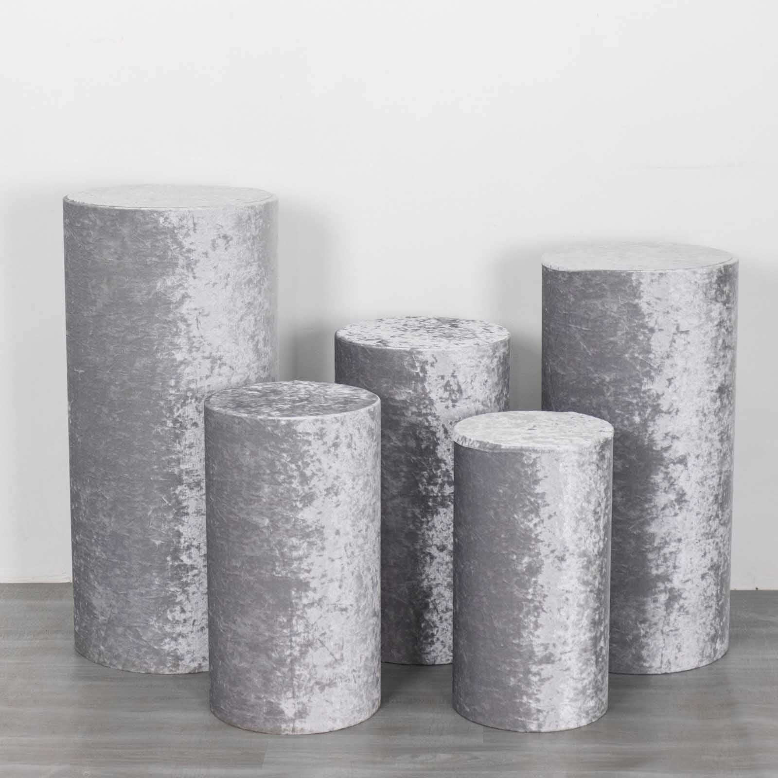 Set of 5 Silver Crushed Velvet Cylinder Pillar Prop Covers, Premium Pedestal Stand Covers - Image 2