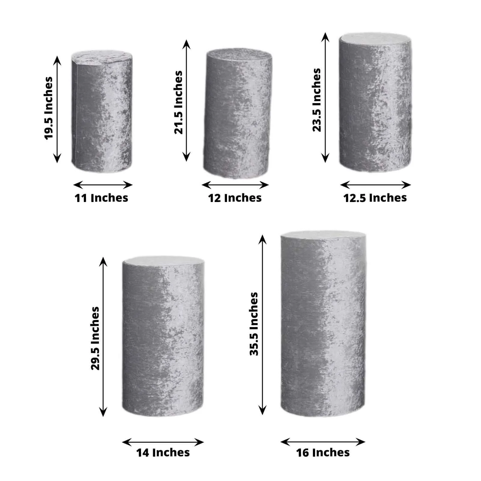 Set of 5 Silver Crushed Velvet Cylinder Pillar Prop Covers, Premium Pedestal Stand Covers - Image 3