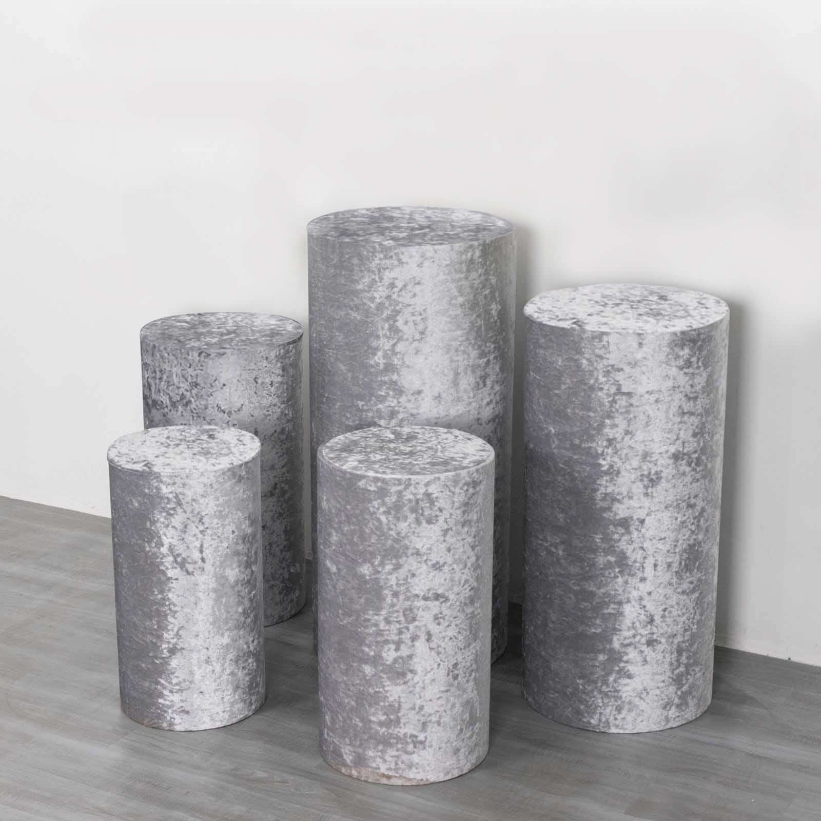 Set of 5 Silver Crushed Velvet Cylinder Pillar Prop Covers, Premium Pedestal Stand Covers - Image 4