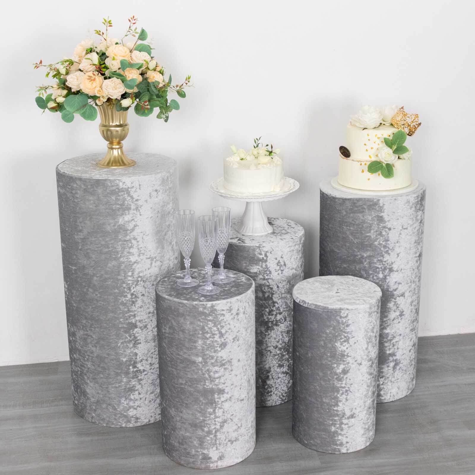 Set of 5 Silver Crushed Velvet Cylinder Pillar Prop Covers, Premium Pedestal Stand Covers - Image 5