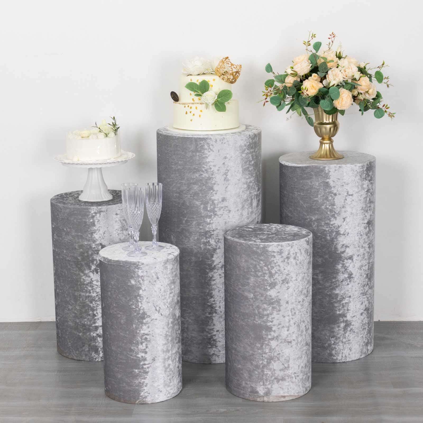Set of 5 Silver Crushed Velvet Cylinder Pillar Prop Covers, Premium Pedestal Stand Covers - Image 7