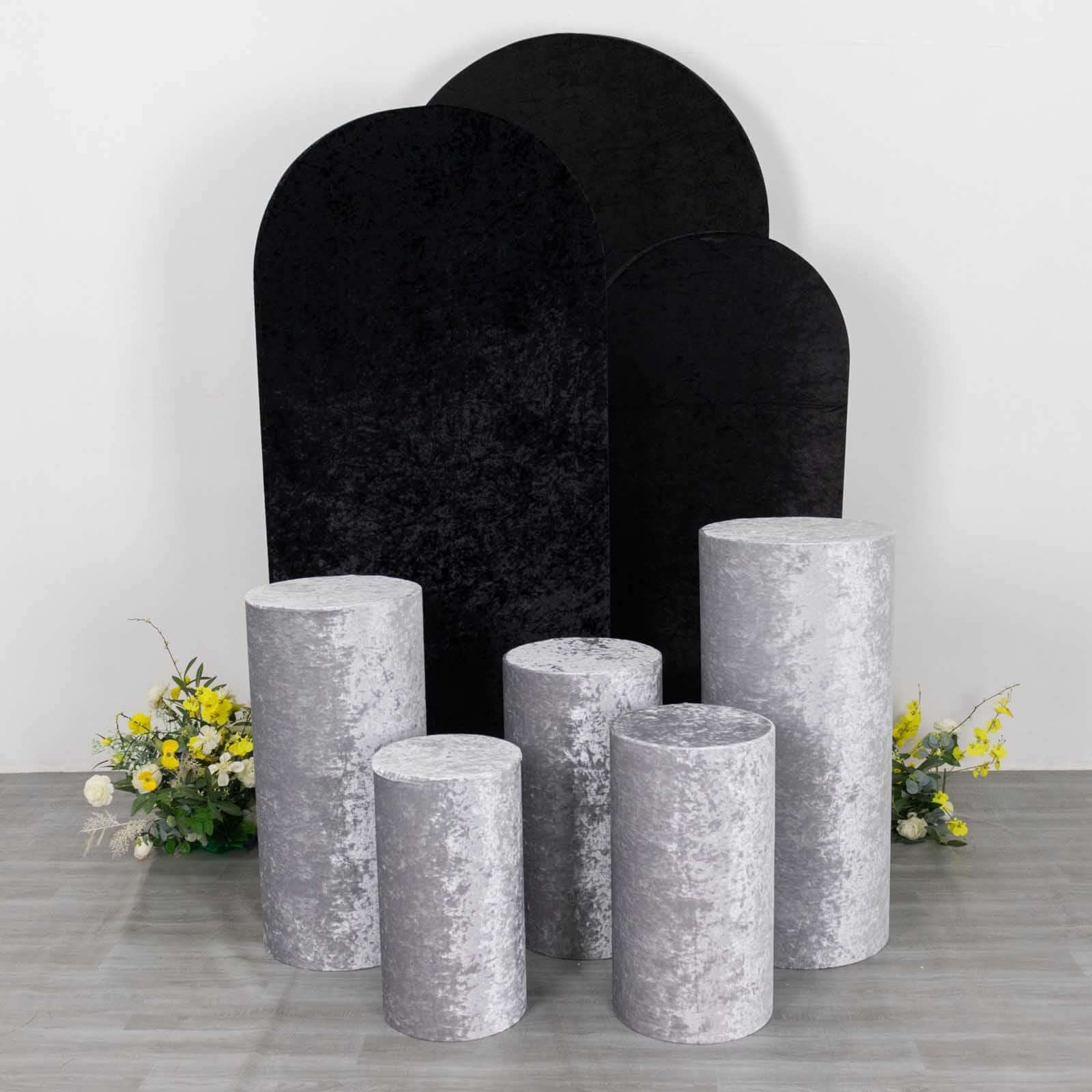 Set of 5 Silver Crushed Velvet Cylinder Pillar Prop Covers, Premium Pedestal Stand Covers - Image 8
