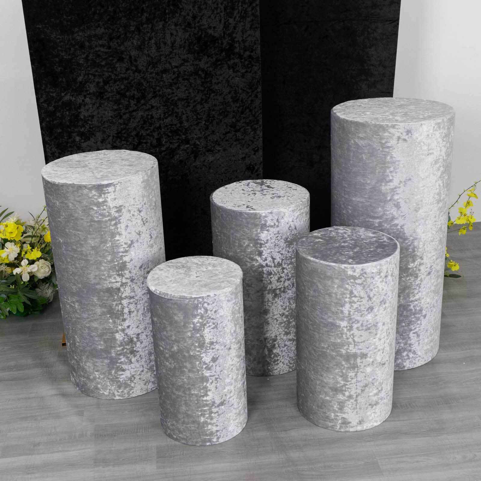 Set of 5 Silver Crushed Velvet Cylinder Pillar Prop Covers, Premium Pedestal Stand Covers - Image 9