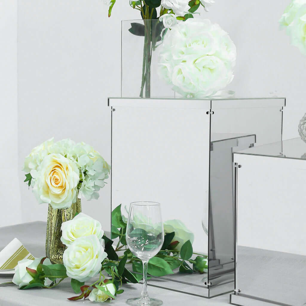 Set of 5 Silver Mirror Finish Acrylic Pedestal Risers, Display Boxes with Interchangeable Lid and Base 12",16",24",32",40" - Image 2