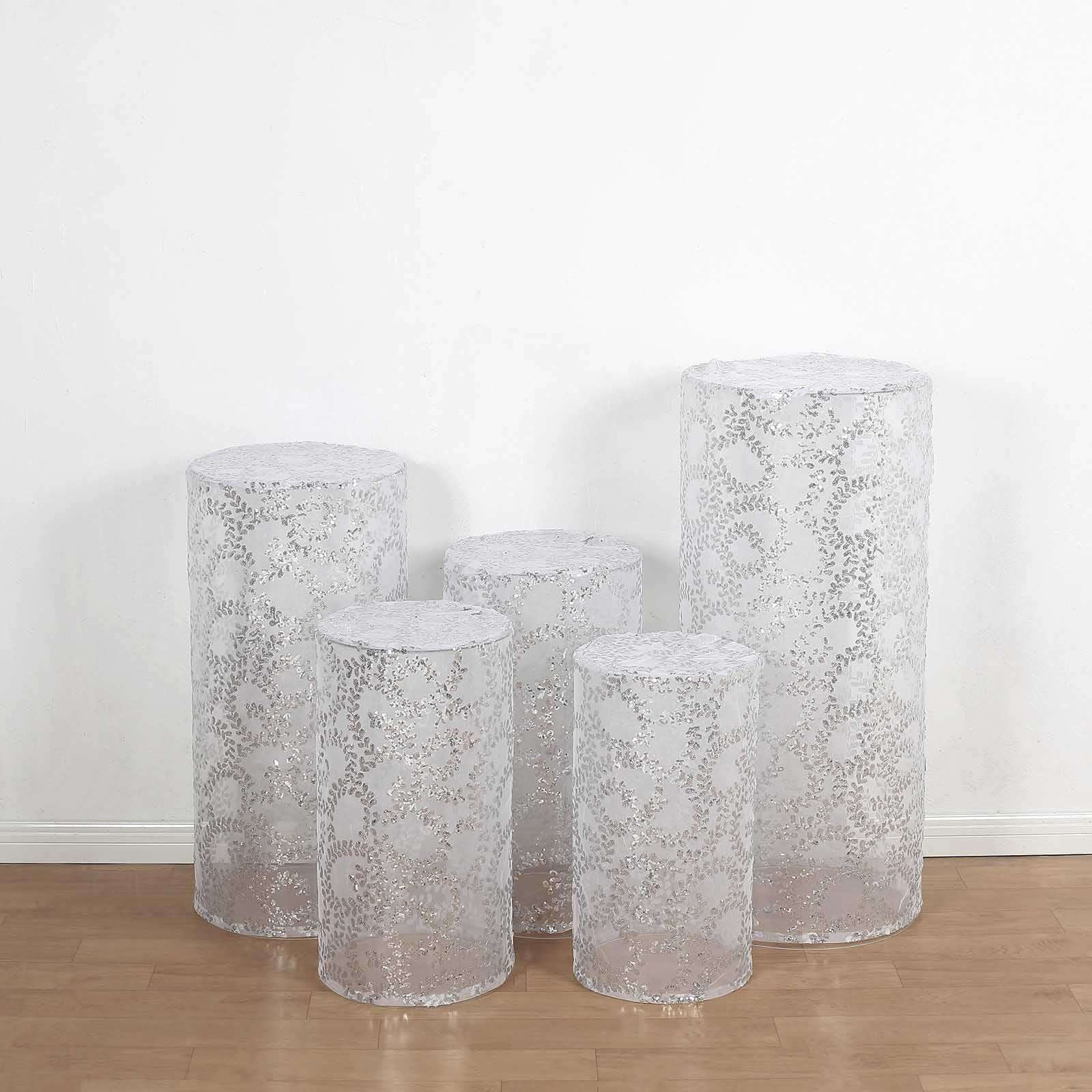 Set of 5 Silver Sequin Mesh Cylinder Pillar Prop Covers with Leaf Vine Embroidery, Sparkly Sheer Tulle Pedestal Stand Covers - Image 2