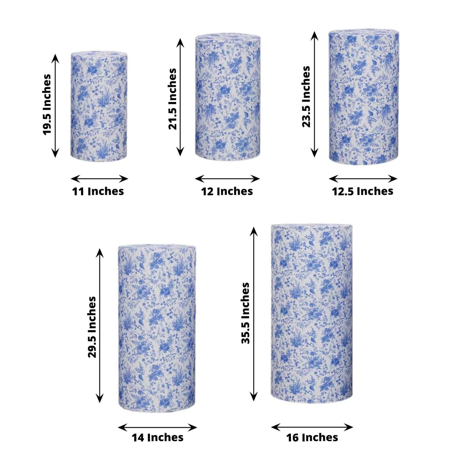 Set of 5 White Blue Spandex Cylinder Pillar Prop Covers in French Toile Floral Pattern, Stretchable Pedestal Stand Covers - 160 GSM - Image 3