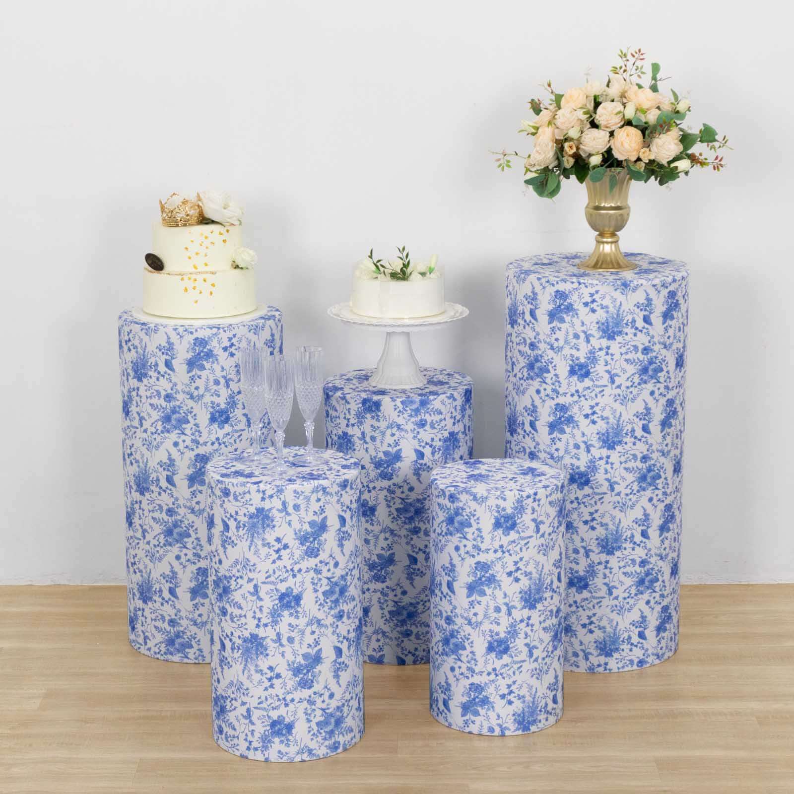 Set of 5 White Blue Spandex Cylinder Pillar Prop Covers in French Toile Floral Pattern, Stretchable Pedestal Stand Covers - 160 GSM - Image 5