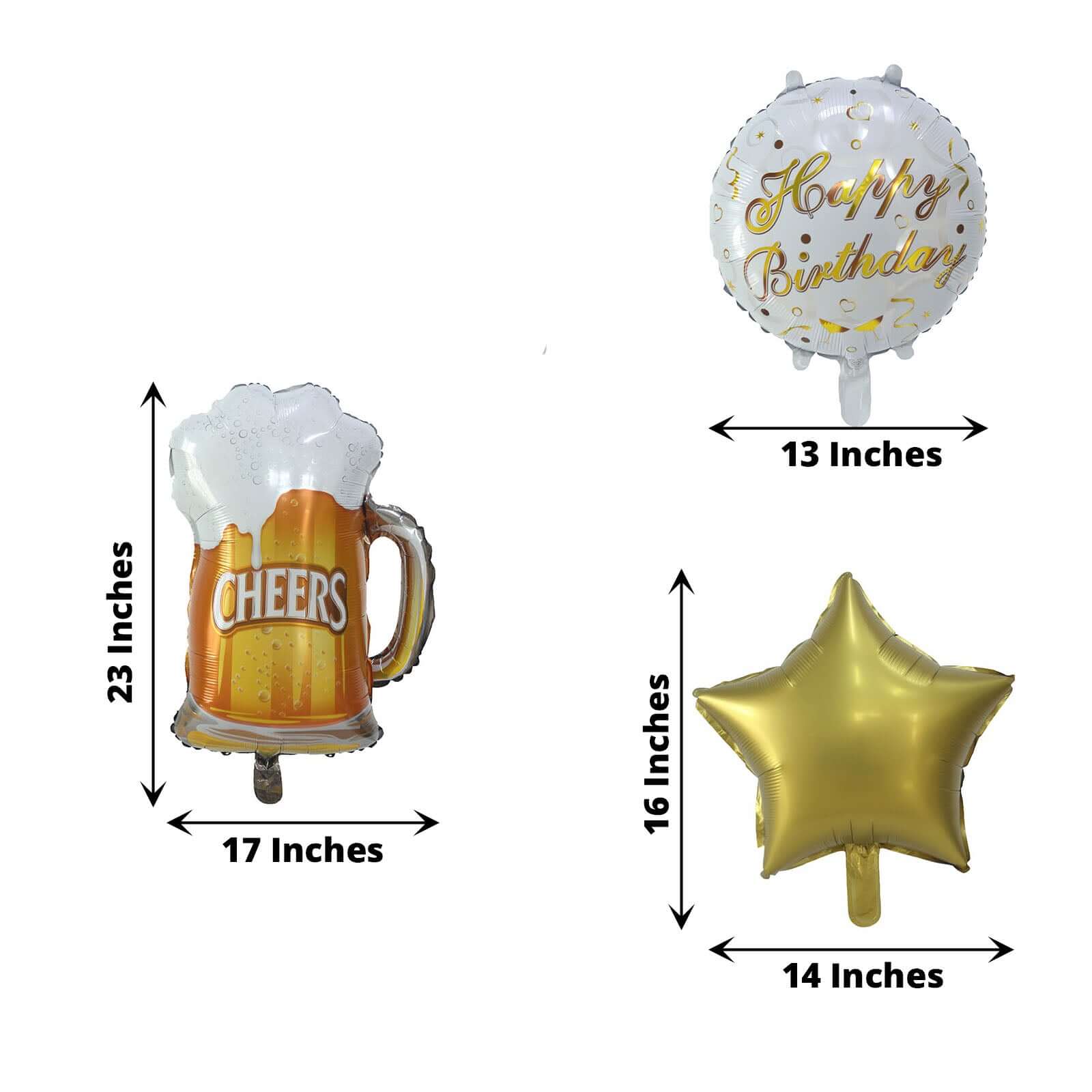 Set of 5 White/Gold Round Happy Birthday Mylar Foil Helium Balloon Set, Cheers Beer Mug, Star Balloon Bouquet With Ribbon Birthday Party Decorations - Image 3