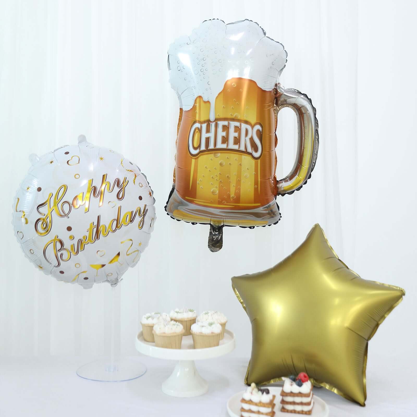 Set of 5 White/Gold Round Happy Birthday Mylar Foil Helium Balloon Set, Cheers Beer Mug, Star Balloon Bouquet With Ribbon Birthday Party Decorations - Image 4