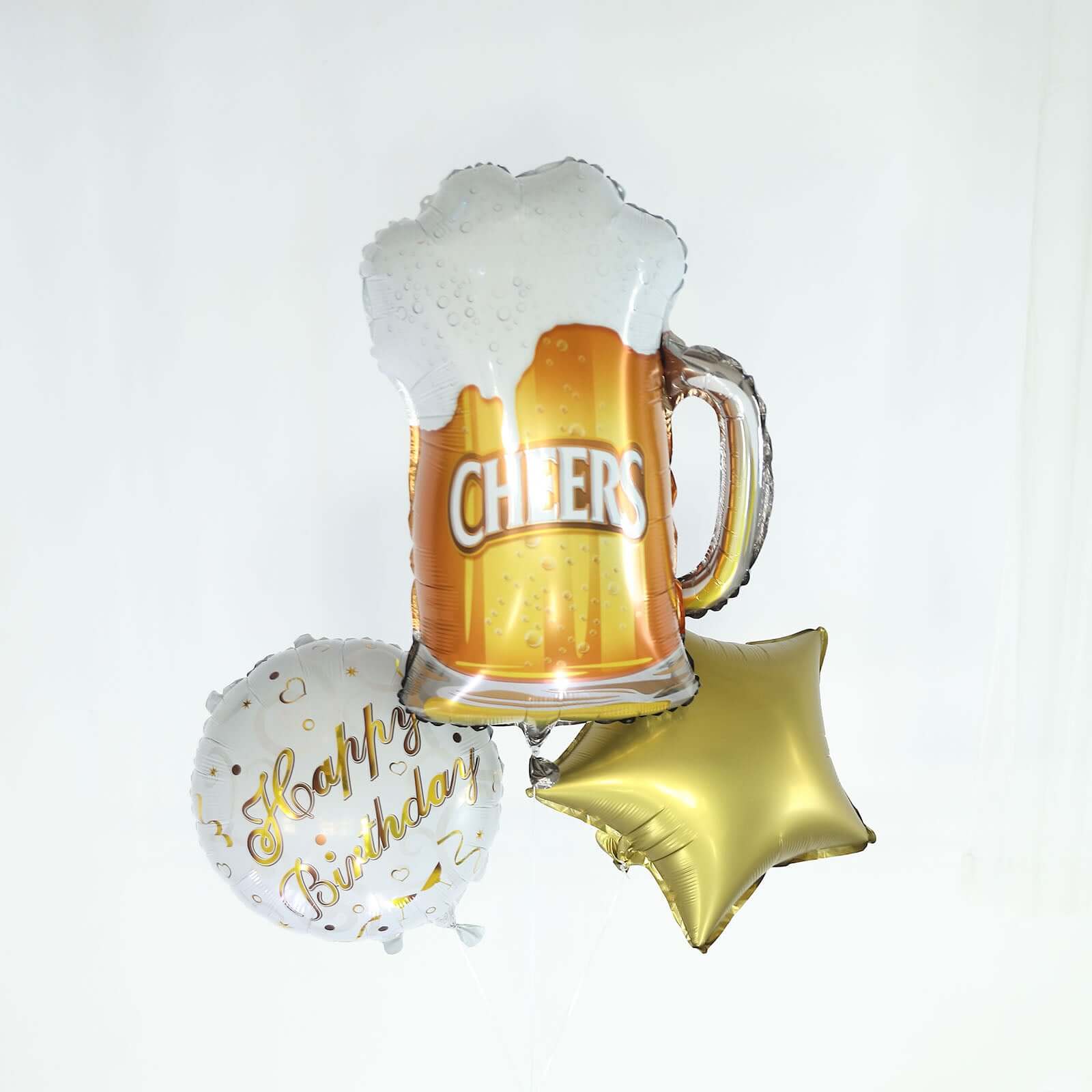 Set of 5 White/Gold Round Happy Birthday Mylar Foil Helium Balloon Set, Cheers Beer Mug, Star Balloon Bouquet With Ribbon Birthday Party Decorations - Image 5
