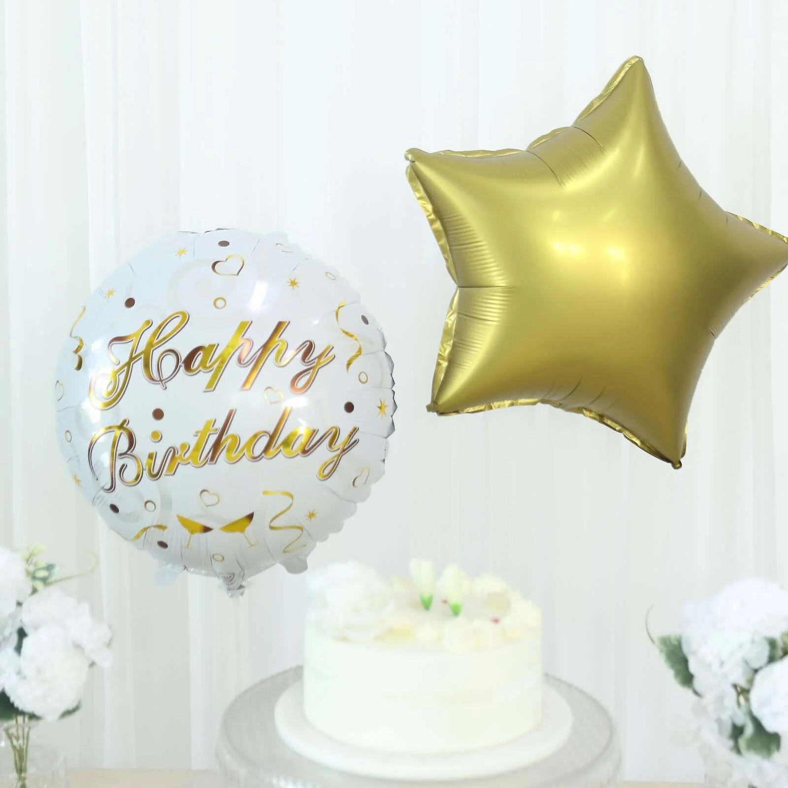Set of 5 White/Gold Round Happy Birthday Mylar Foil Helium Balloon Set, Cheers Beer Mug, Star Balloon Bouquet With Ribbon Birthday Party Decorations - Image 6