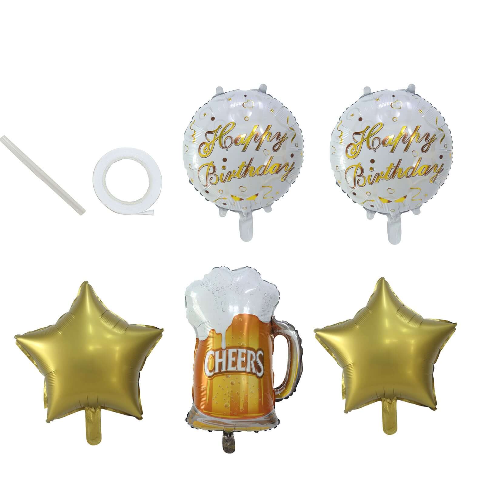 Set of 5 White/Gold Round Happy Birthday Mylar Foil Helium Balloon Set, Cheers Beer Mug, Star Balloon Bouquet With Ribbon Birthday Party Decorations - Image 7