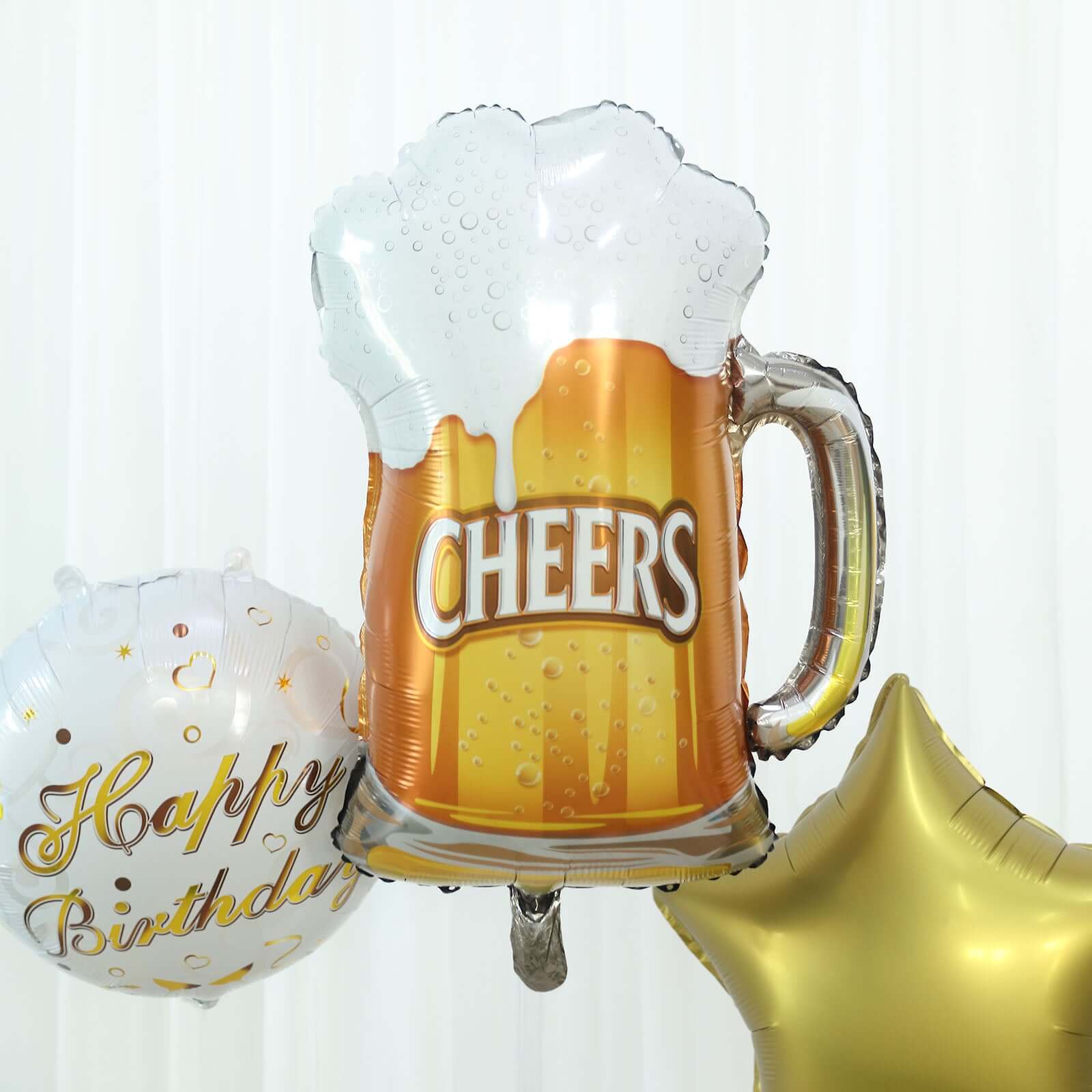 Set of 5 White/Gold Round Happy Birthday Mylar Foil Helium Balloon Set, Cheers Beer Mug, Star Balloon Bouquet With Ribbon Birthday Party Decorations - Image 8