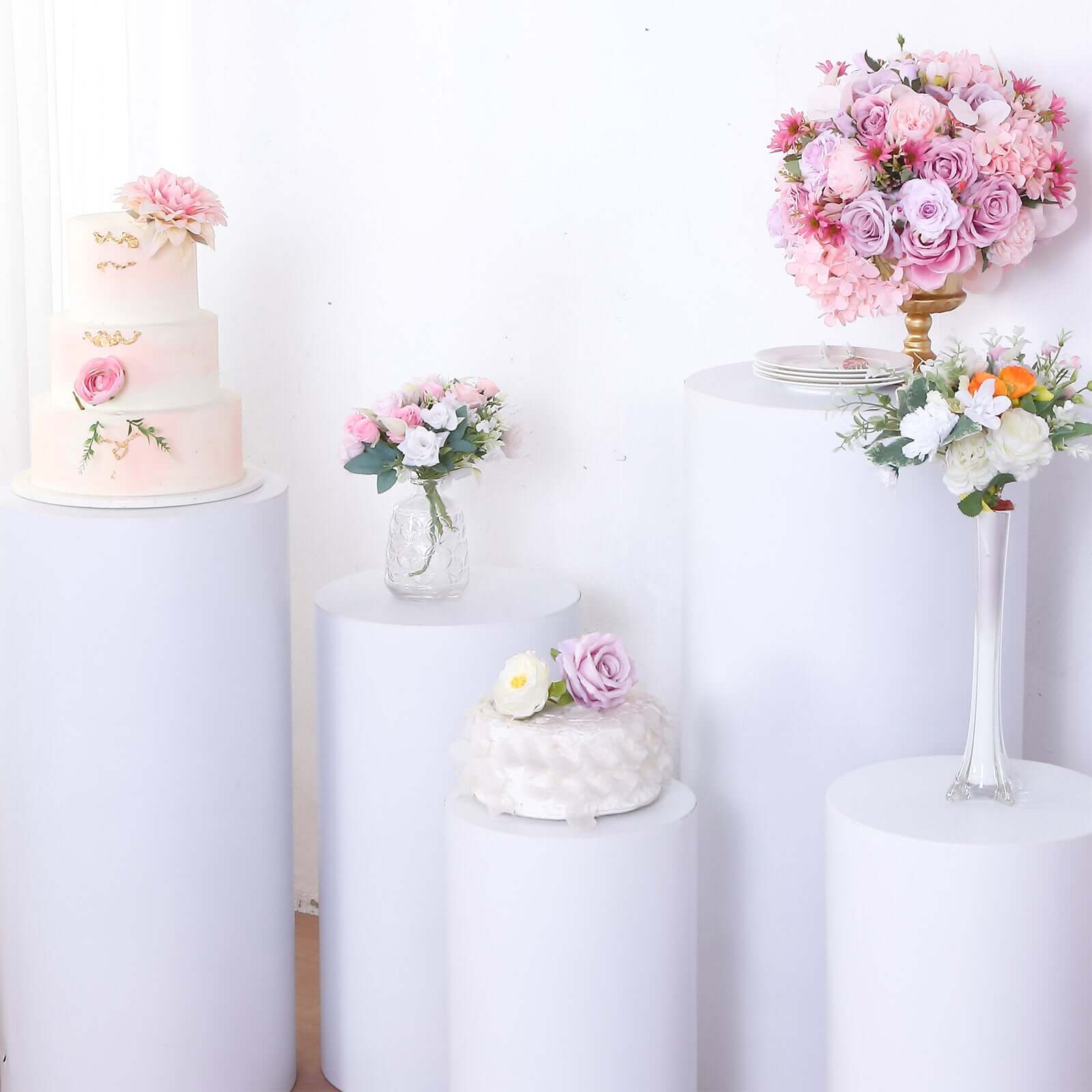 Set of 5 White Metal Cylinder Pillar Prop Stands For Wedding Aisle, Round Plinth Pedestal Display Boxes - 20",22",24",28",32" - Image 2