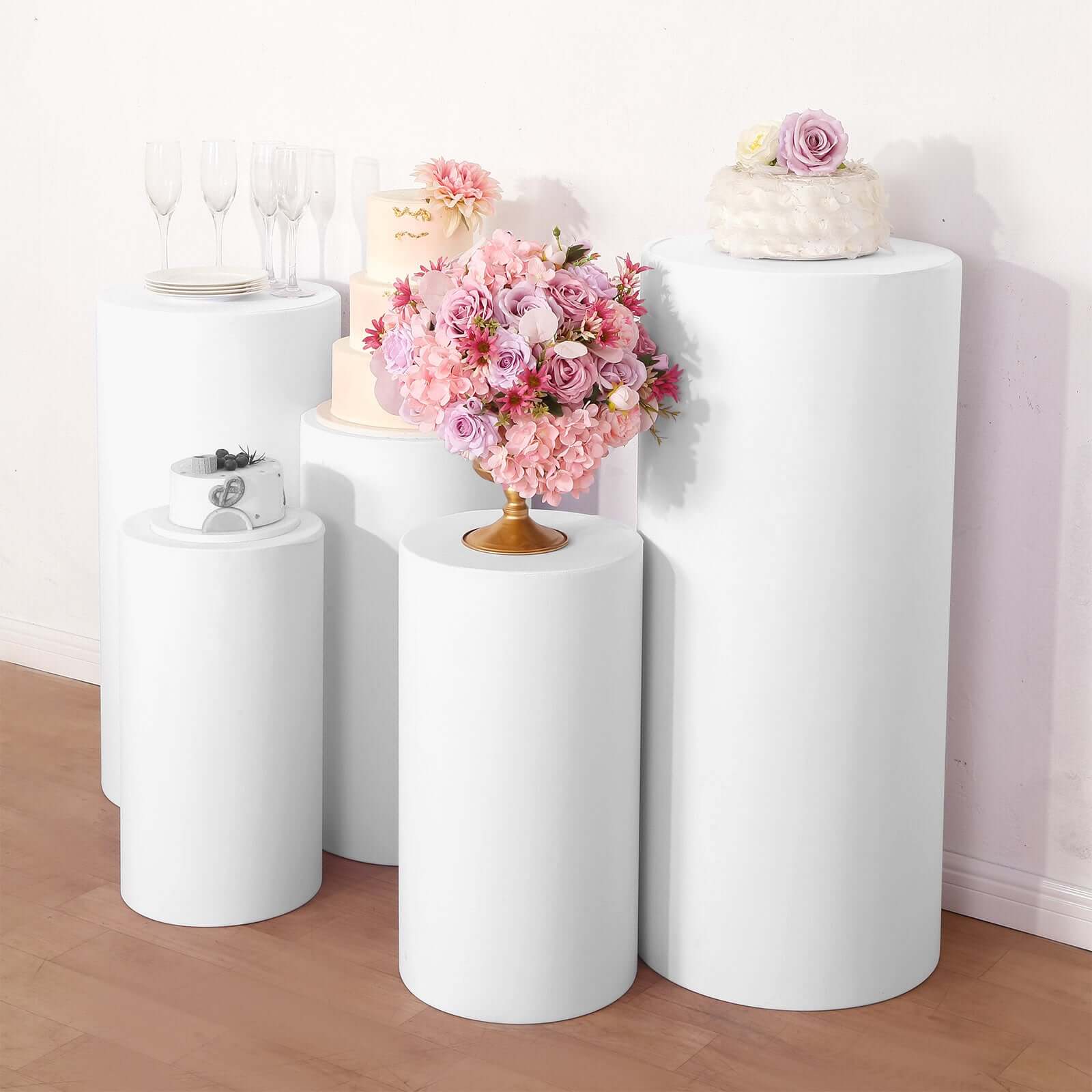 Set of 5 White Spandex Cylinder Pillar Prop Covers, Stretchable Pedestal Stand Covers - 160 GSM - Image 2
