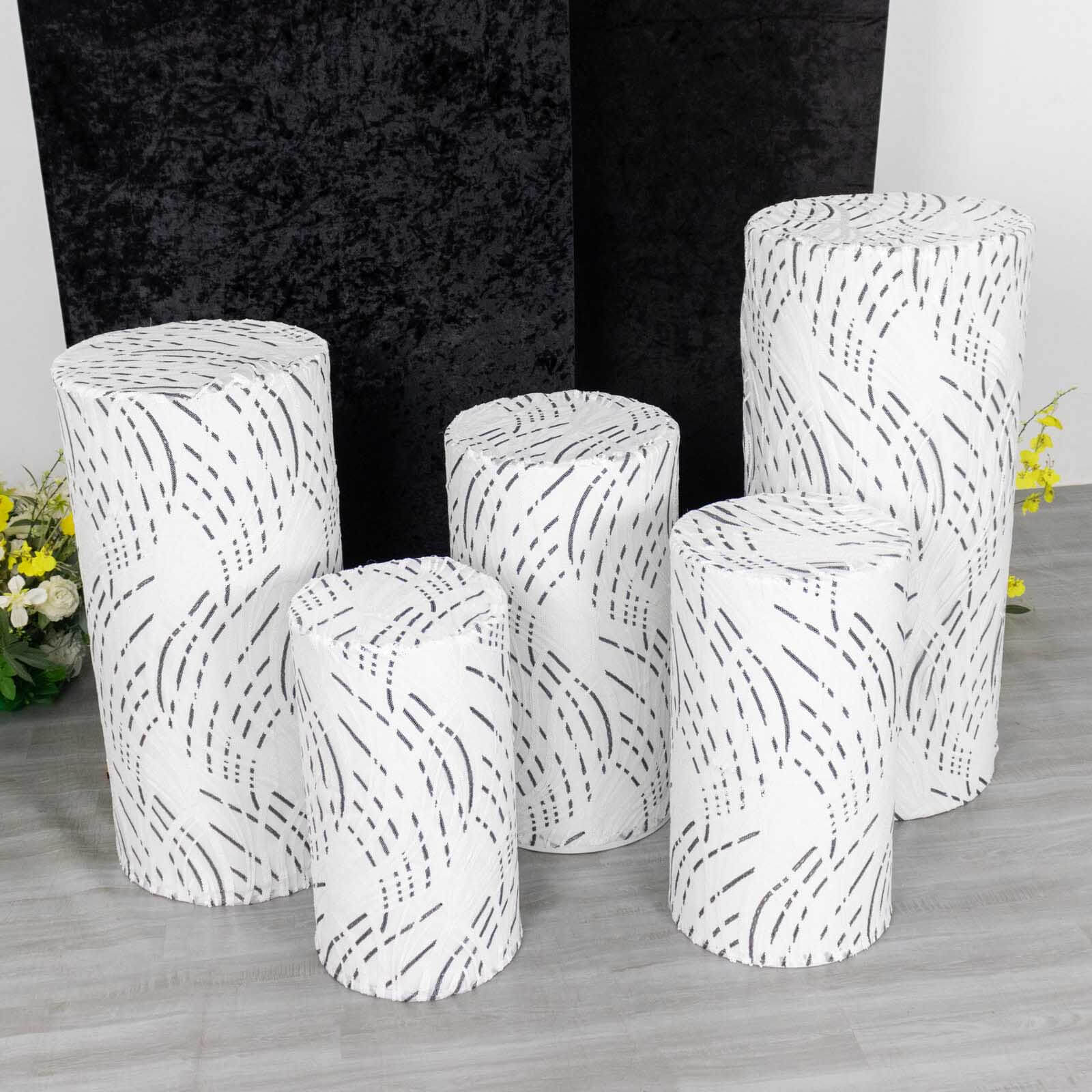 Set of 5 White Wave Mesh Cylinder Pillar Prop Covers with Embroidered Sequins, Premium Pedestal Stand Covers - 160 GSM - Image 11