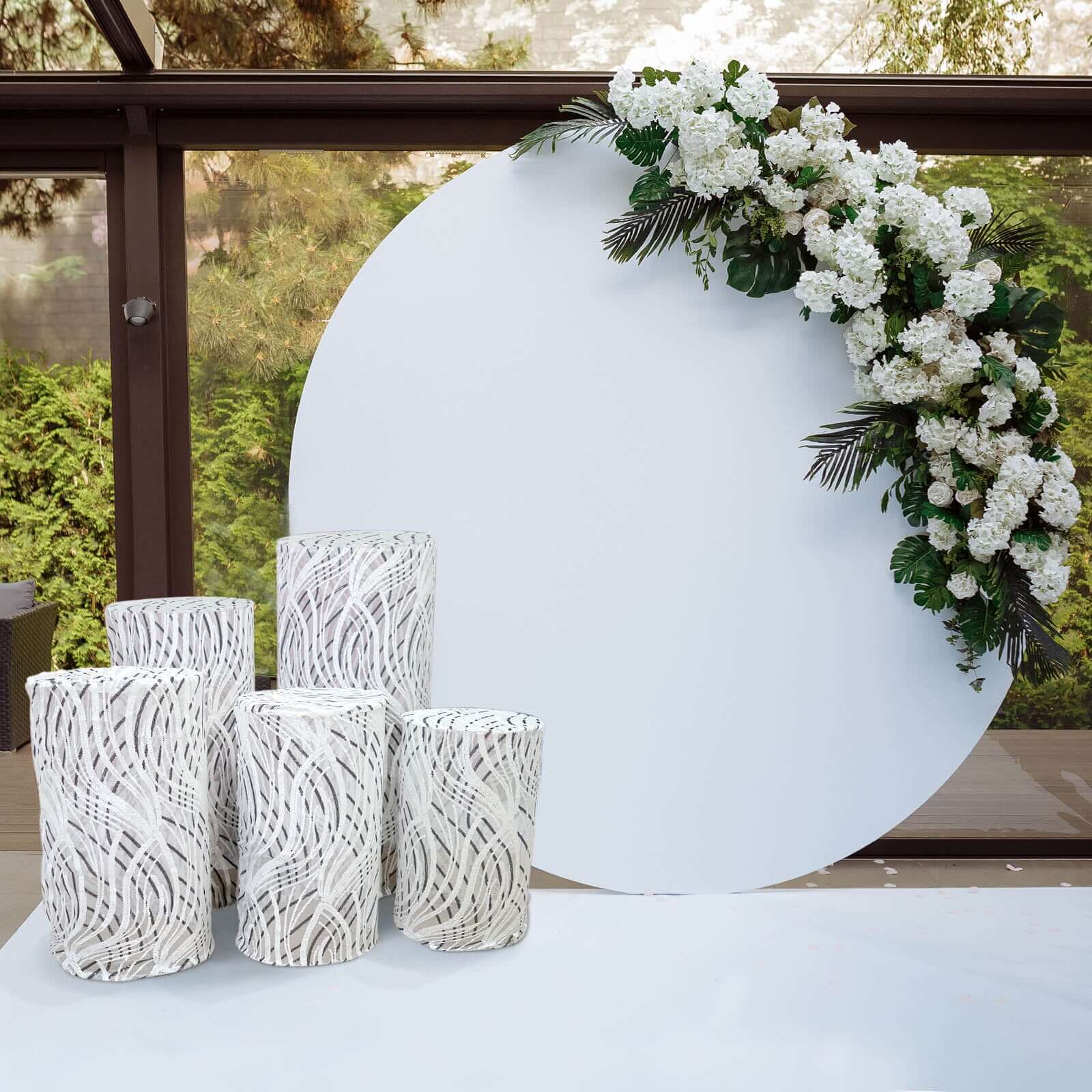 Set of 5 White Wave Mesh Cylinder Pillar Prop Covers with Embroidered Sequins, Premium Pedestal Stand Covers - 160 GSM - Image 2