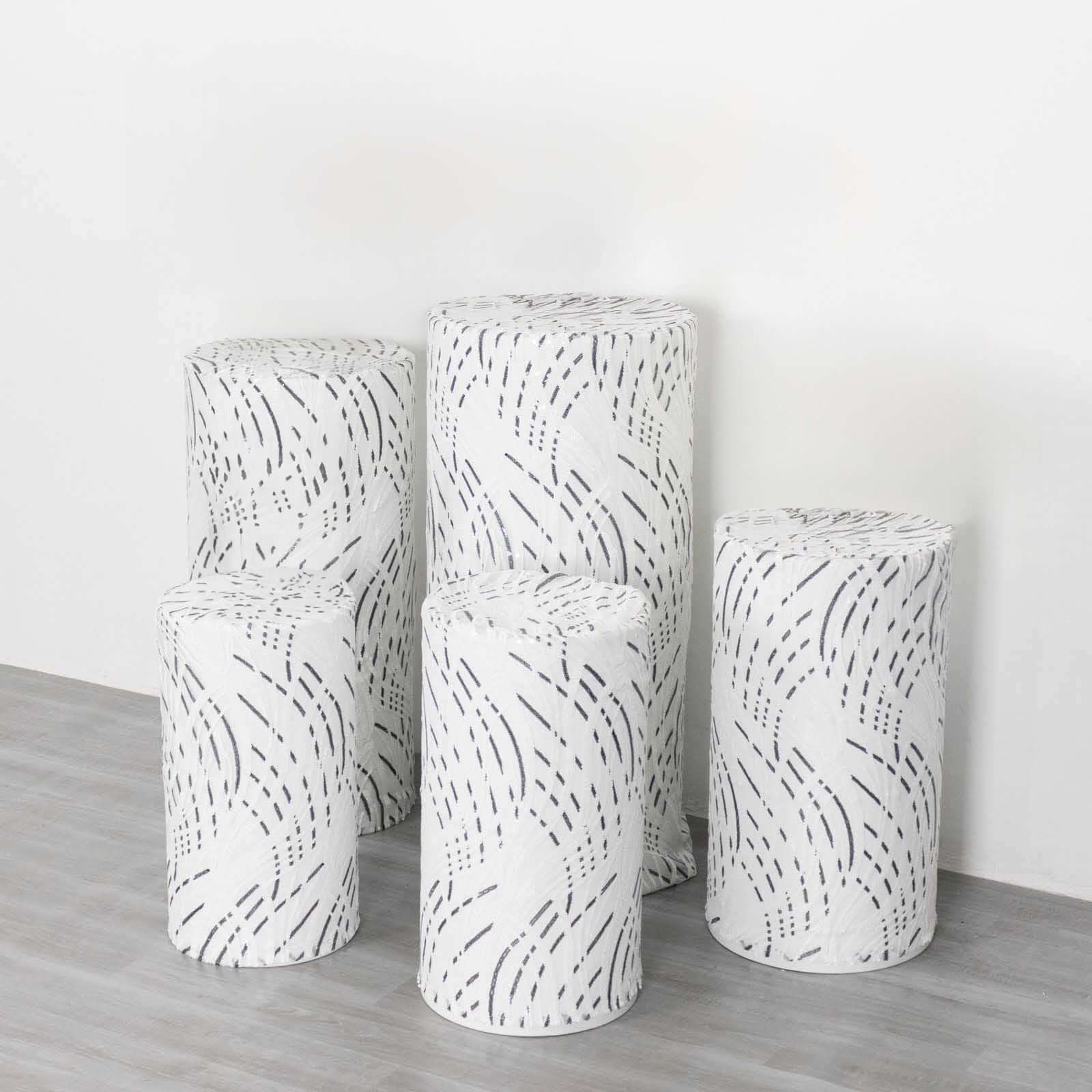 Set of 5 White Wave Mesh Cylinder Pillar Prop Covers with Embroidered Sequins, Premium Pedestal Stand Covers - 160 GSM - Image 5