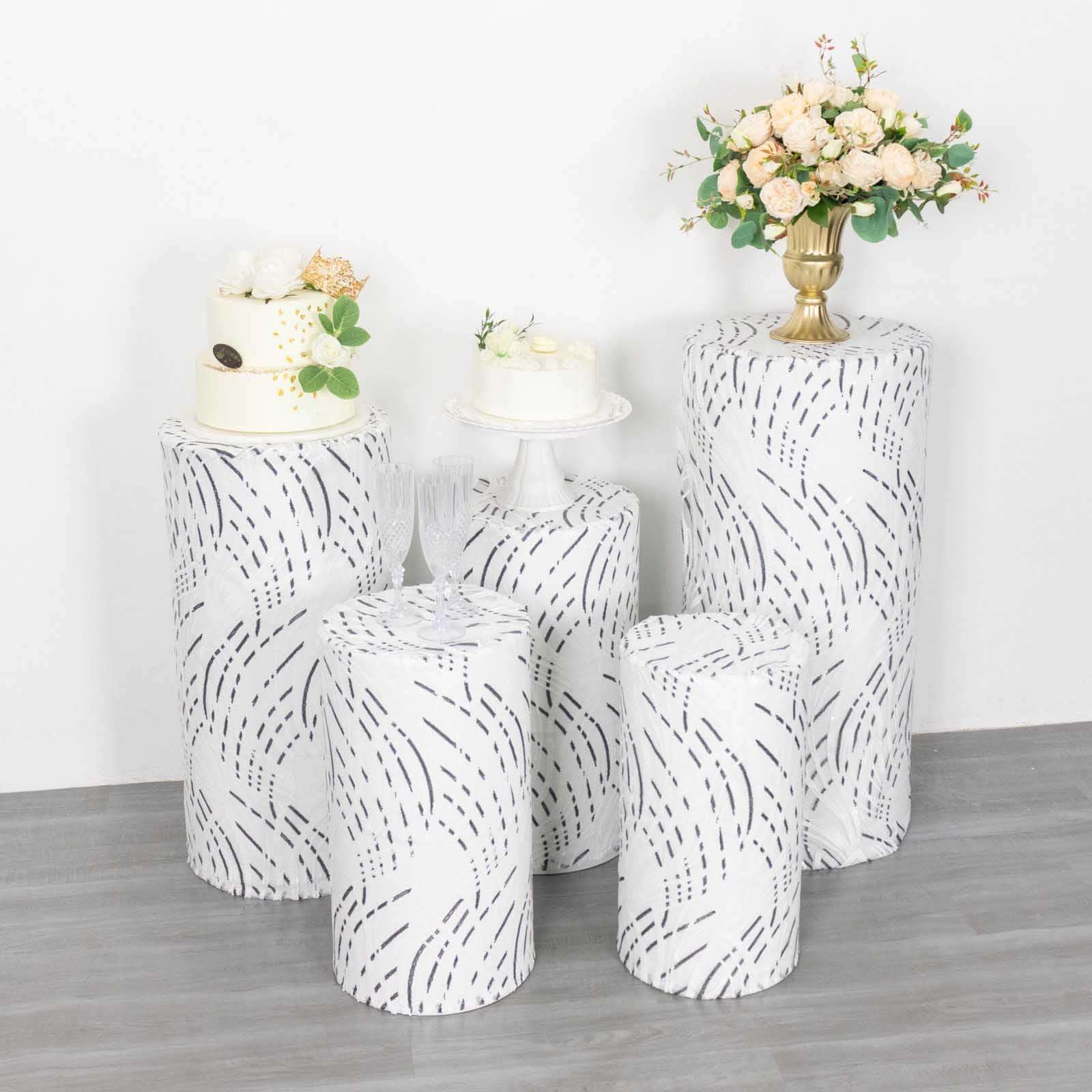 Set of 5 White Wave Mesh Cylinder Pillar Prop Covers with Embroidered Sequins, Premium Pedestal Stand Covers - 160 GSM - Image 7