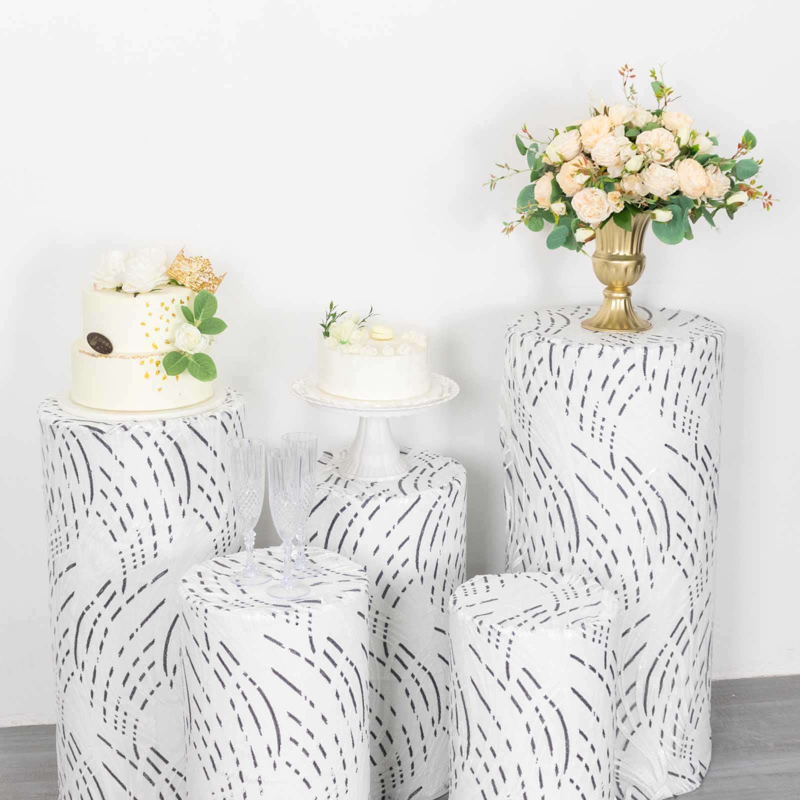 Set of 5 White Wave Mesh Cylinder Pillar Prop Covers with Embroidered Sequins, Premium Pedestal Stand Covers - 160 GSM - Image 8