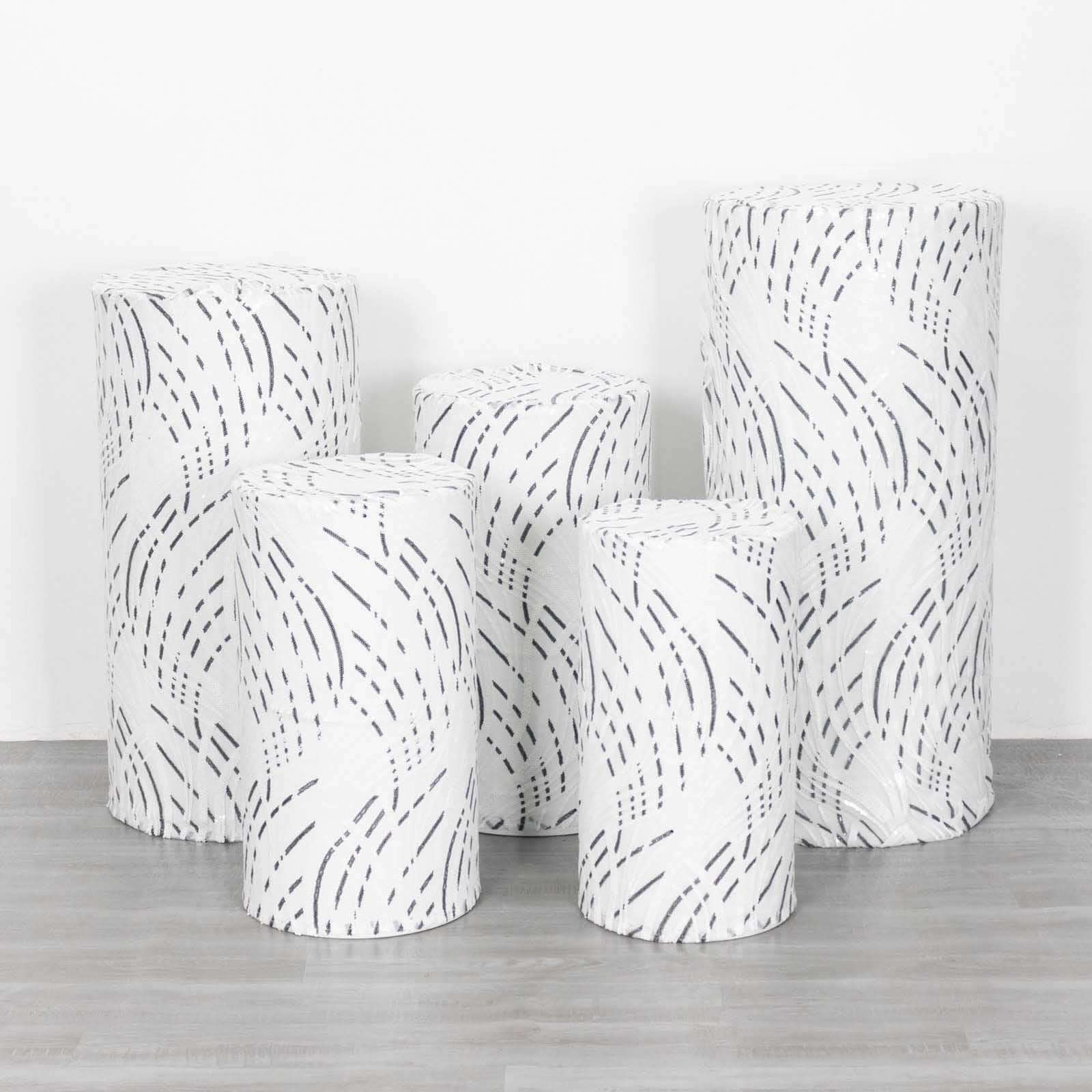Set of 5 White Wave Mesh Cylinder Pillar Prop Covers with Embroidered Sequins, Premium Pedestal Stand Covers - 160 GSM - Image 9