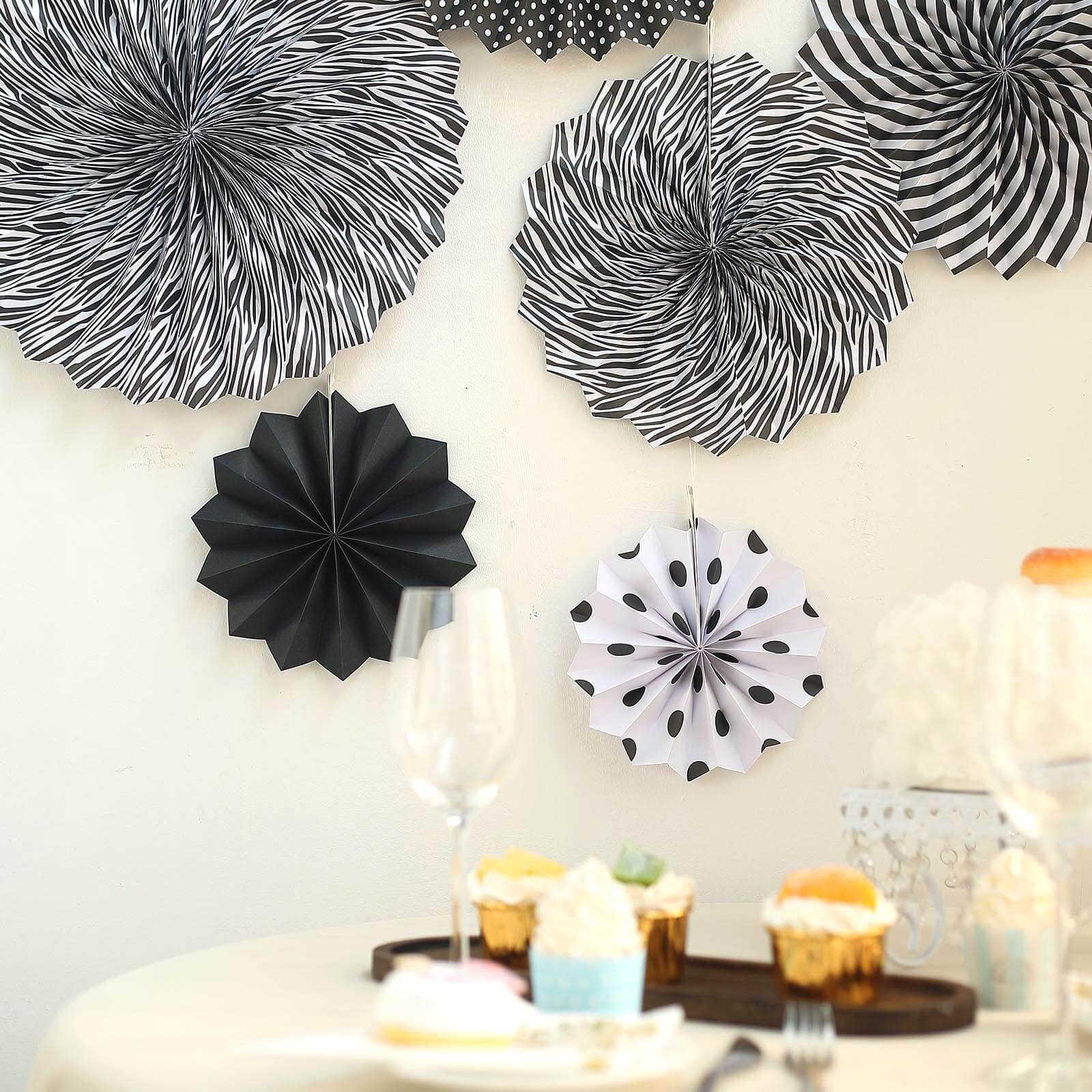 Set of 6 Black / White Hanging Paper Fan Decorations, Pinwheel Wall Backdrop Party Kit 8", 12", 16" - Image 11