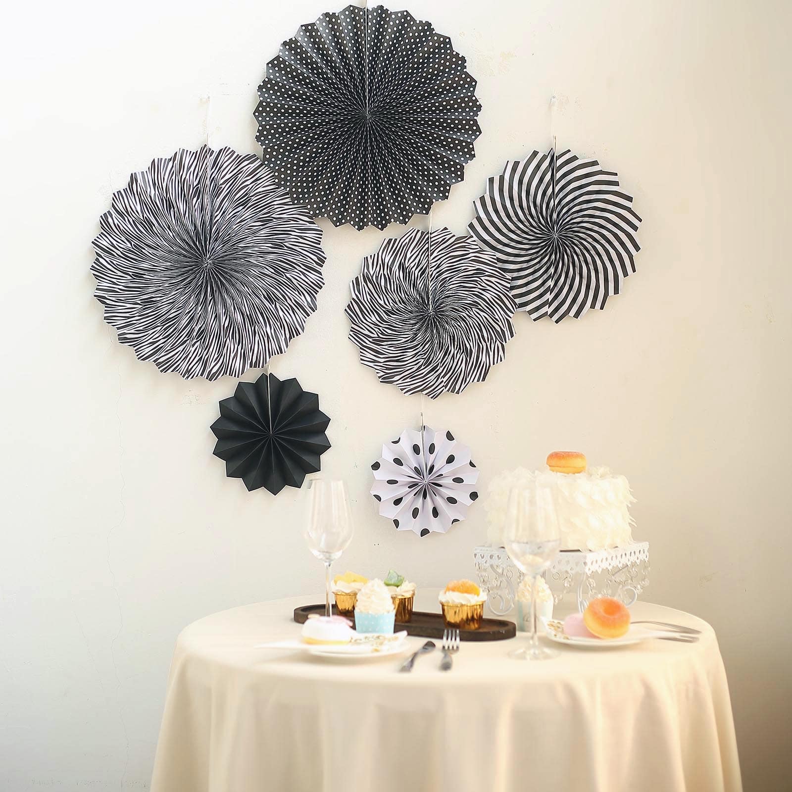 Set of 6 Black / White Hanging Paper Fan Decorations, Pinwheel Wall Backdrop Party Kit 8", 12", 16" - Image 12