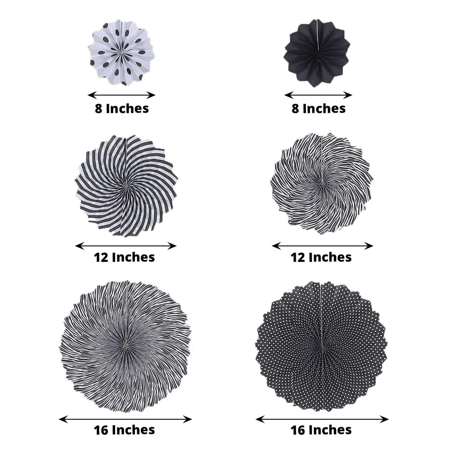Set of 6 Black / White Hanging Paper Fan Decorations, Pinwheel Wall Backdrop Party Kit 8", 12", 16" - Image 3