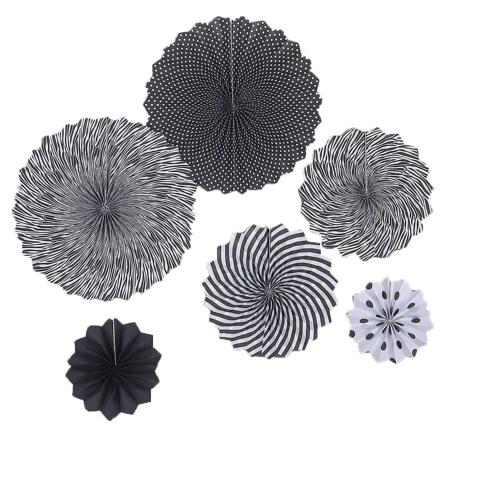 Set of 6 Black / White Hanging Paper Fan Decorations, Pinwheel Wall Backdrop Party Kit 8", 12", 16" - Image 7