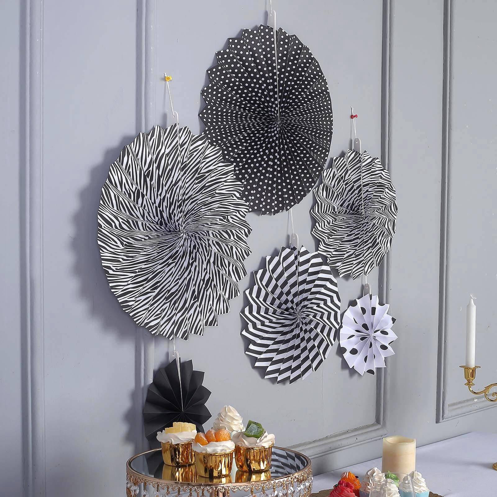 Set of 6 Black / White Hanging Paper Fan Decorations, Pinwheel Wall Backdrop Party Kit 8", 12", 16" - Image 8
