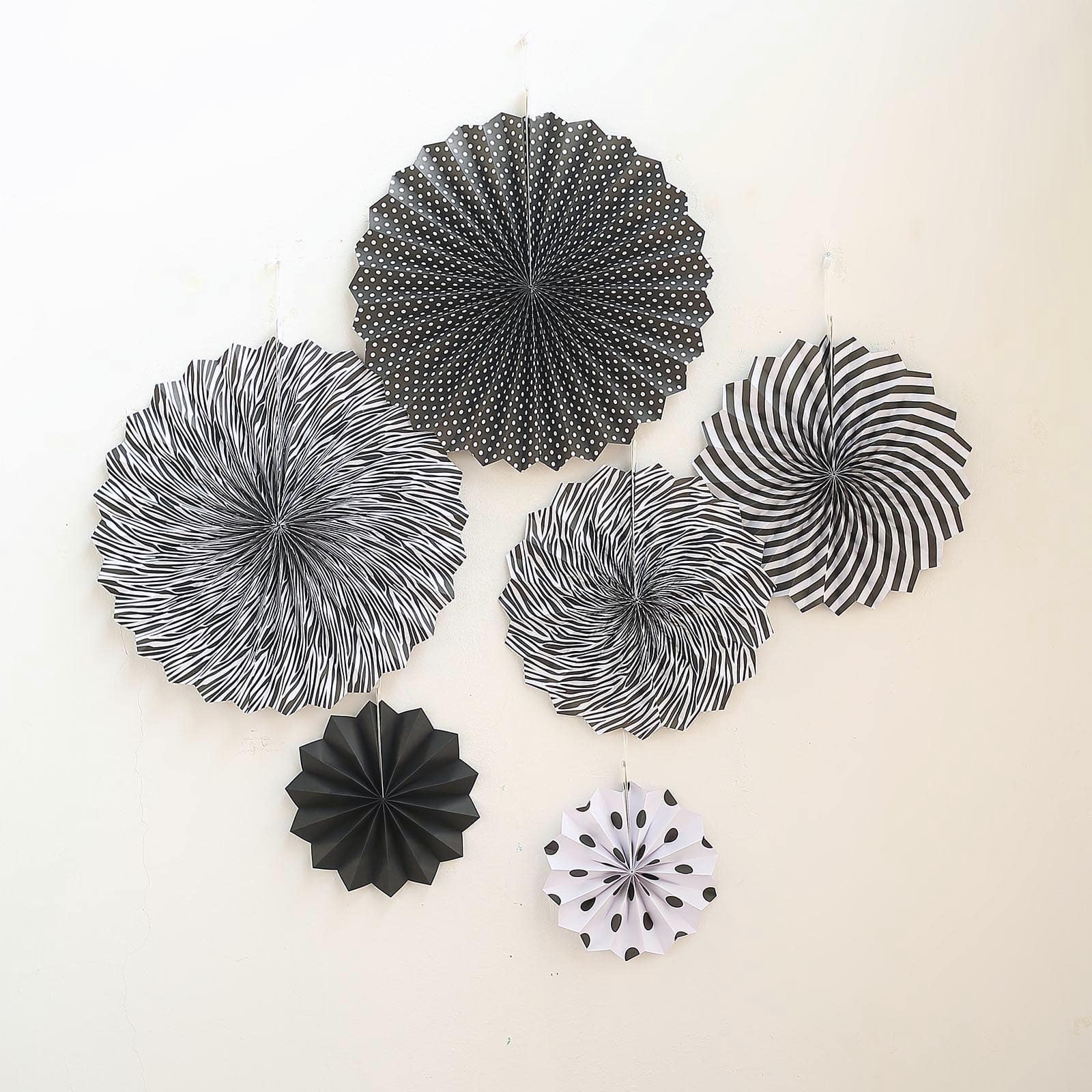 Set of 6 Black / White Hanging Paper Fan Decorations, Pinwheel Wall Backdrop Party Kit 8", 12", 16" - Image 9