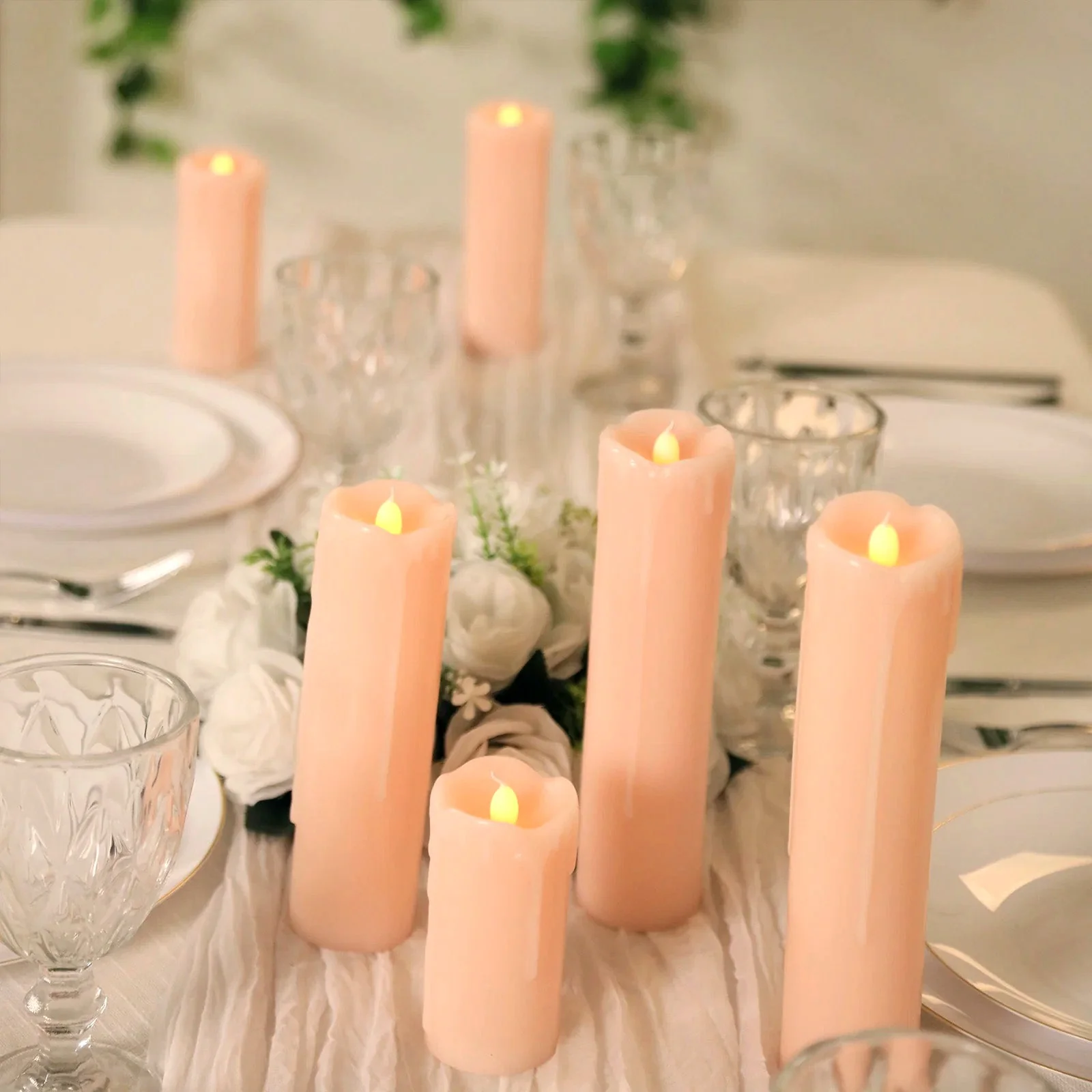 Set of 6 LED Drip Wax Pillar Candles Blush - Flameless Flicker Battery Operated Luminaria Lighting