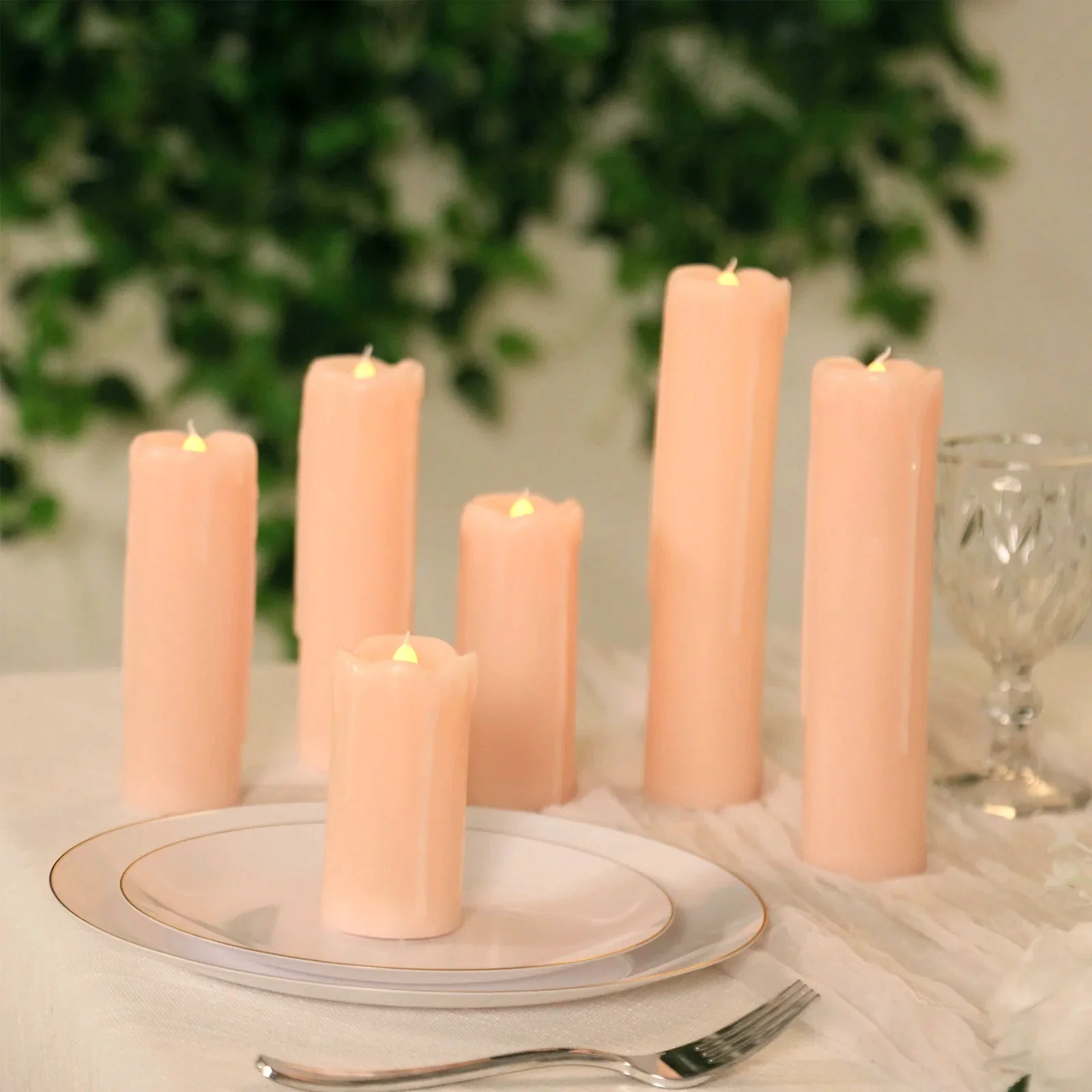 Set of 6 LED Drip Wax Pillar Candles Blush - Flameless Flicker Battery Operated Luminaria Lighting - Image 3