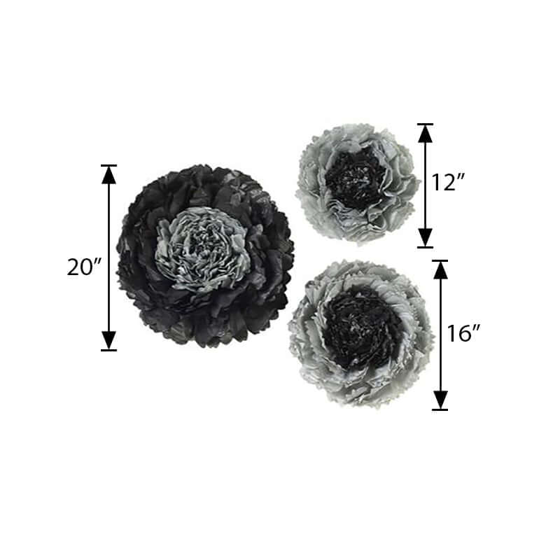 Set of 6 Charcoal Gray Giant Carnation 3D Paper Flowers Wall Decor 12",16",20" - Image 3