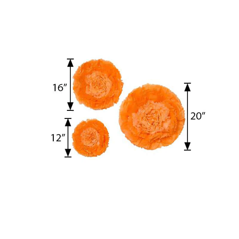 Set of 6 Coral Orange Giant Carnation 3D Paper Flowers Wall Decor 12",16",20" - Image 3