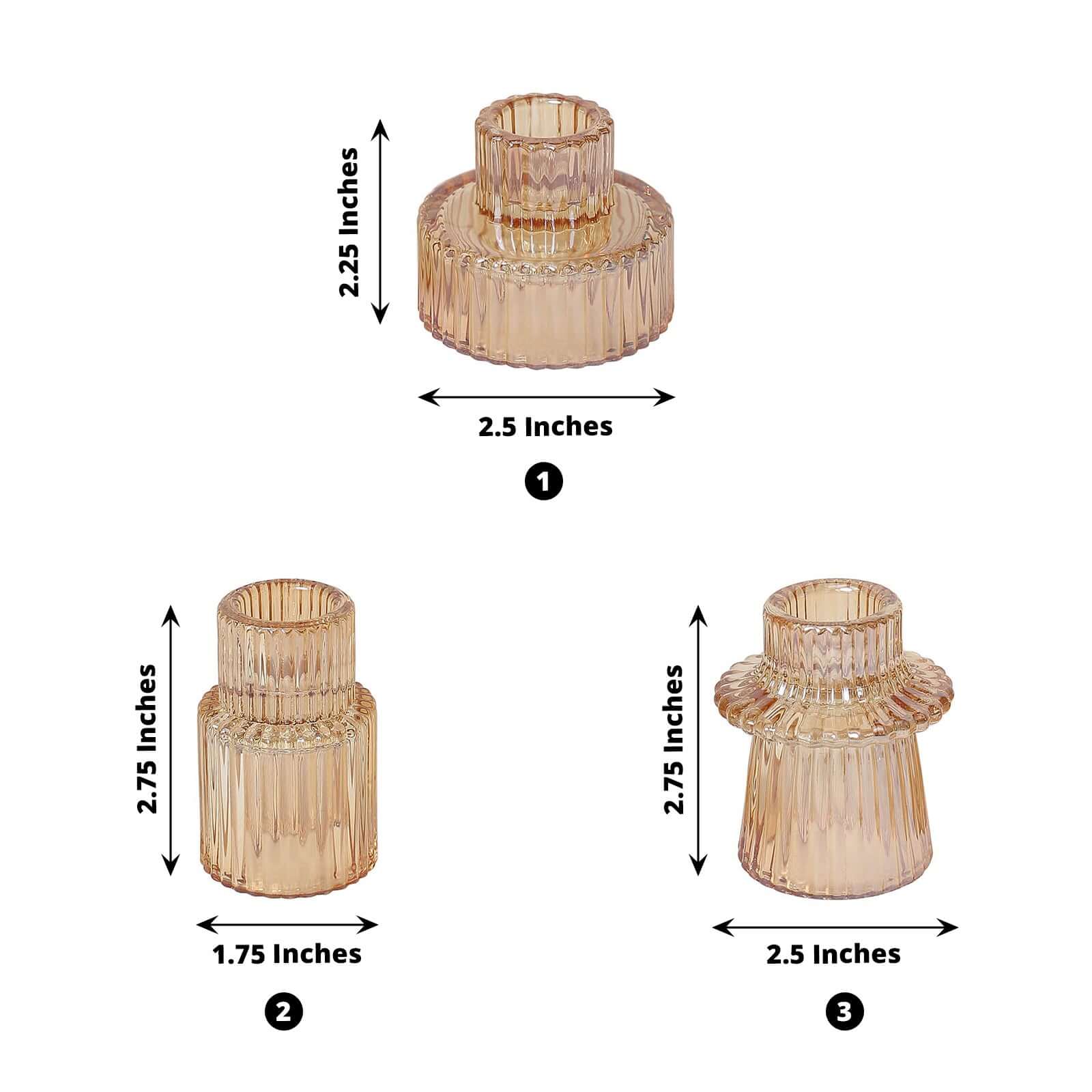 Set of 6 Glass Taper Candle Holders 3" Ribbed Crystal Design Amber Gold - Reversible Mini Votive Tealight Stands - Image 3
