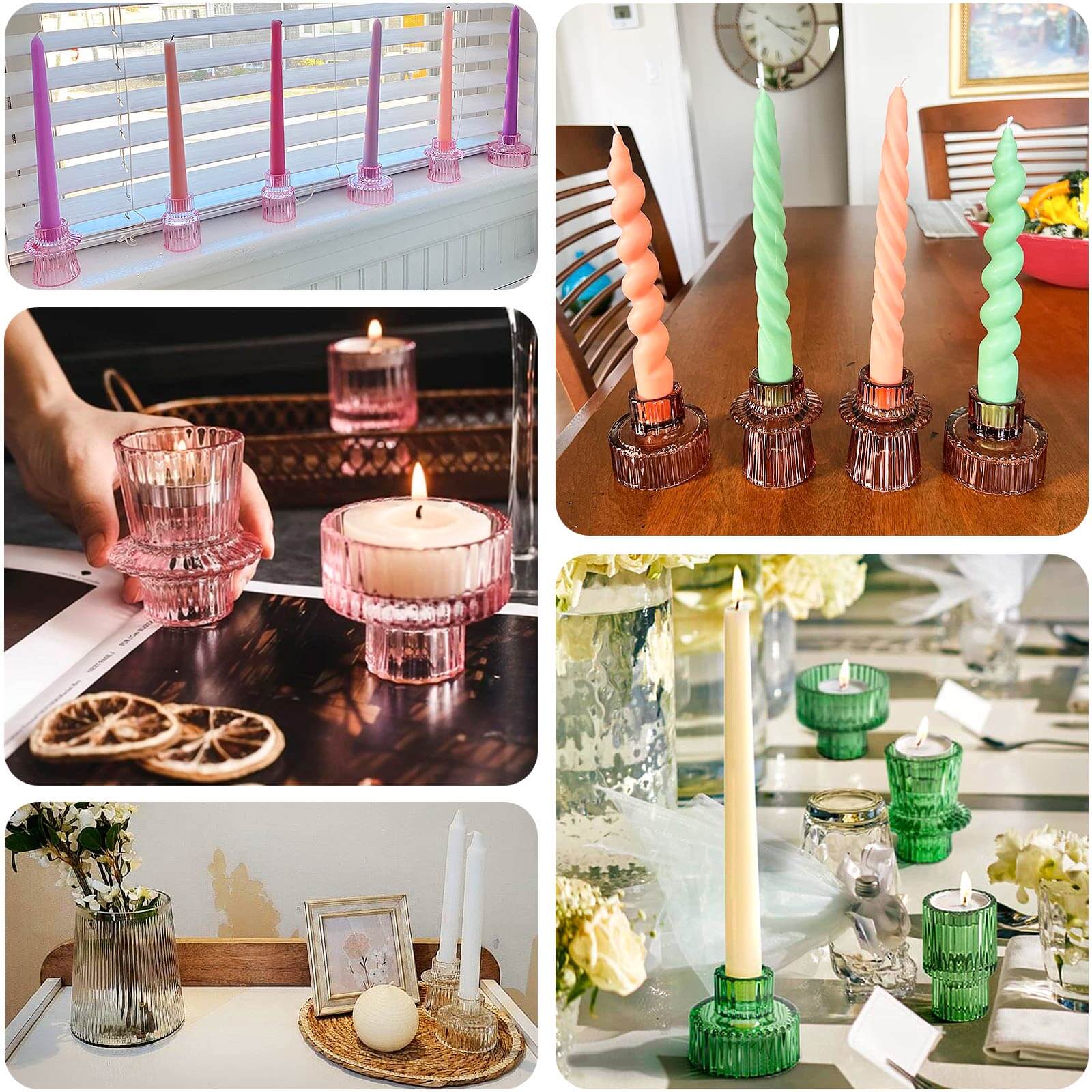 Set of 6 Glass Taper Candle Holders 3" Ribbed Crystal Design Amber Gold - Reversible Mini Votive Tealight Stands - Image 5
