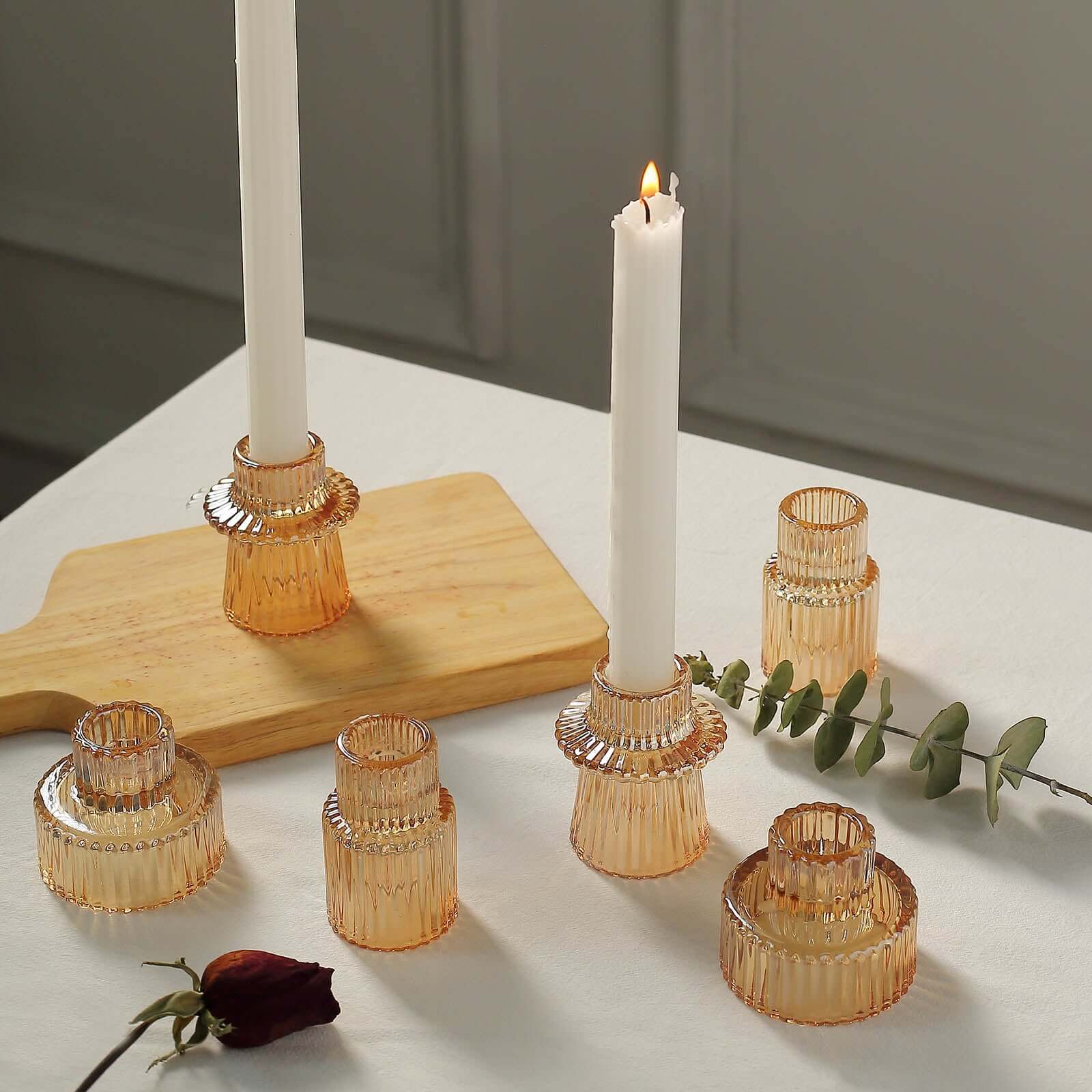 Set of 6 Glass Taper Candle Holders 3" Ribbed Crystal Design Amber Gold - Reversible Mini Votive Tealight Stands - Image 6