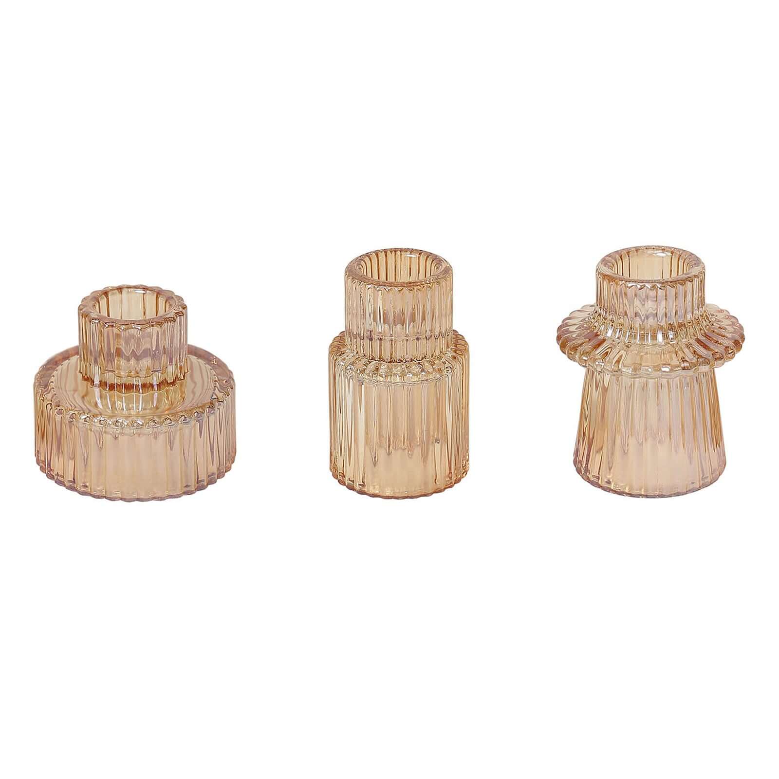 Set of 6 Glass Taper Candle Holders 3" Ribbed Crystal Design Amber Gold - Reversible Mini Votive Tealight Stands - Image 7