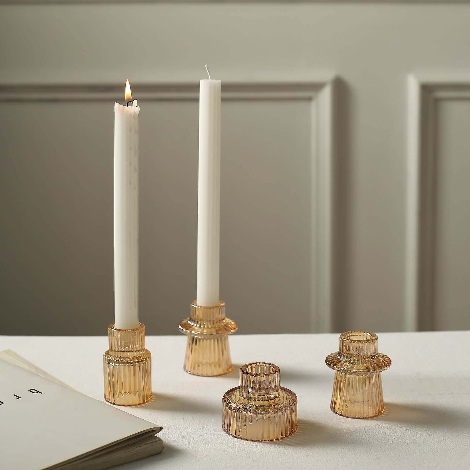 Set of 6 Glass Taper Candle Holders 3" Ribbed Crystal Design Amber Gold - Reversible Mini Votive Tealight Stands - Image 8