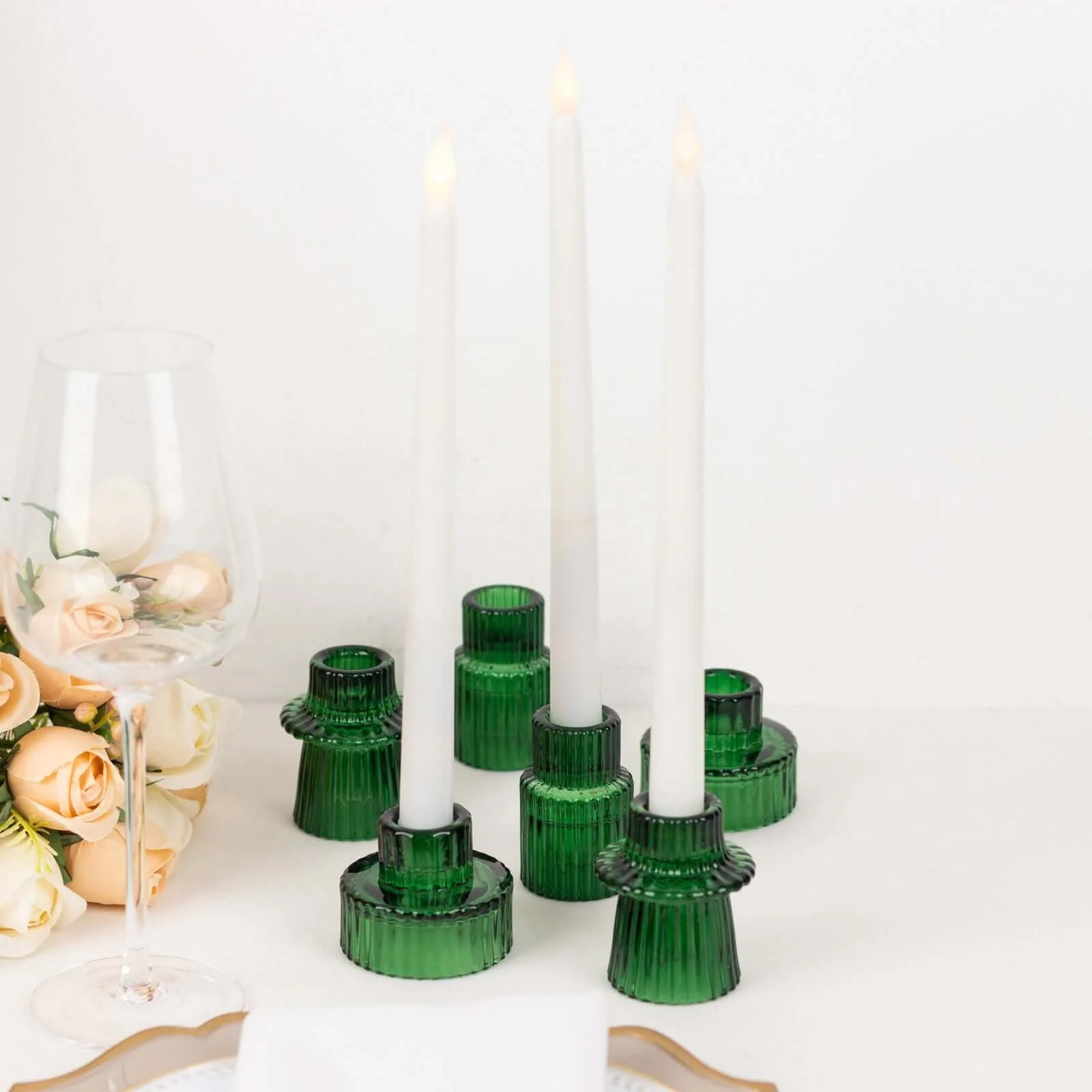 Set of 6 Glass Taper Candle Holders 3" Ribbed Crystal Design Hunter Emerald Green - Reversible Mini Votive Tealight Stands - Image 2